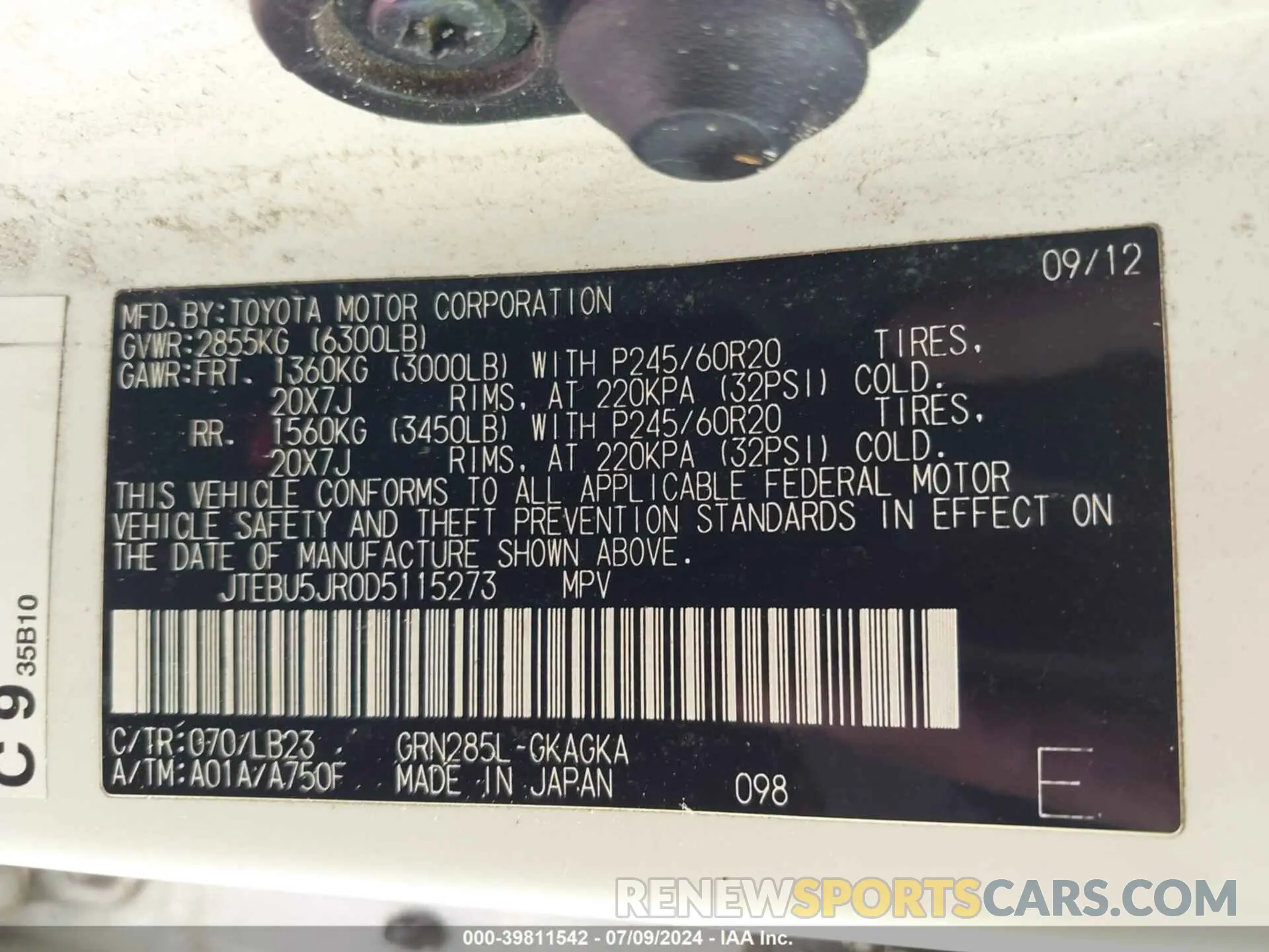 9 fotografías del automóvil dañado JTEBU5JR0D5115273 TOYOTA 4RUNNER 2013