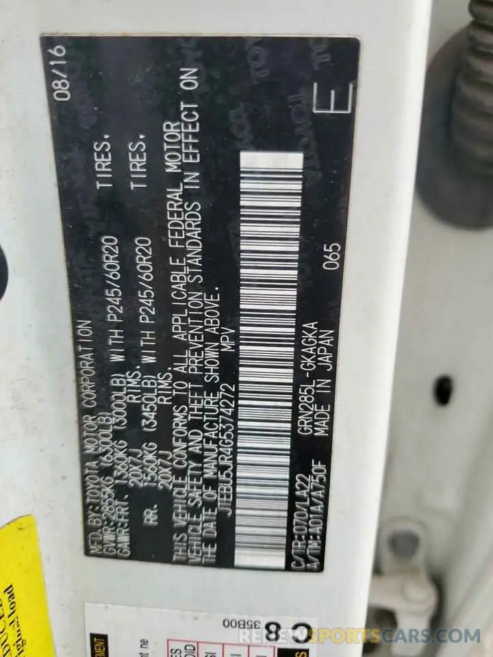 12 fotografías del automóvil dañado JTEBU5JR4G5374272 TOYOTA 4RUNNER 2016