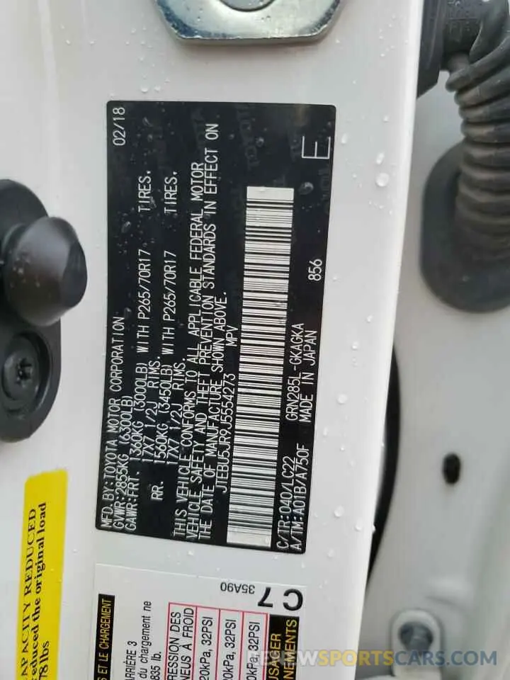 13 fotografías del automóvil dañado JTEBU5JR9J5554273 TOYOTA 4RUNNER 2018
