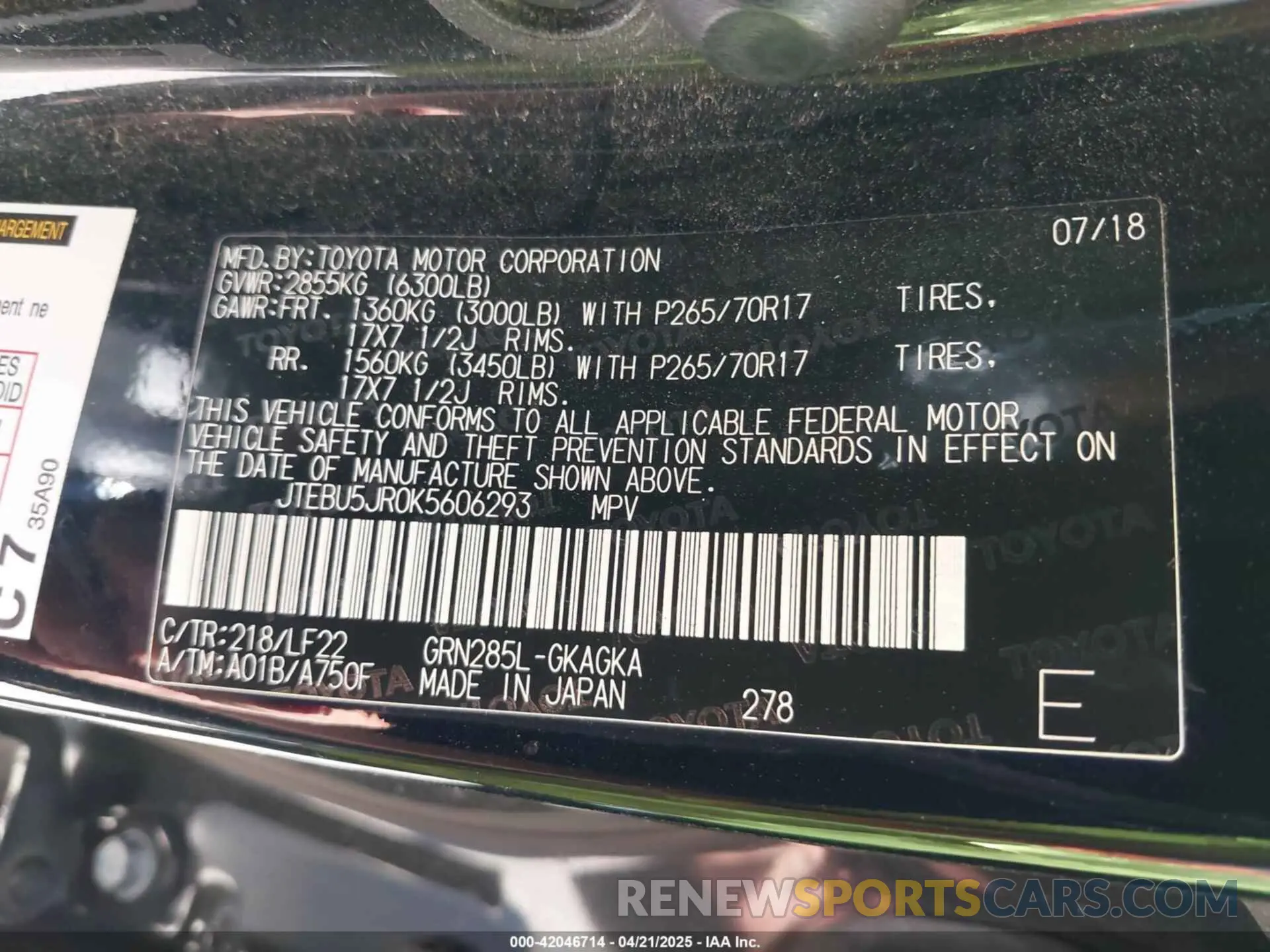 9 fotografías del automóvil dañado JTEBU5JR0K5606293 TOYOTA 4RUNNER 2019