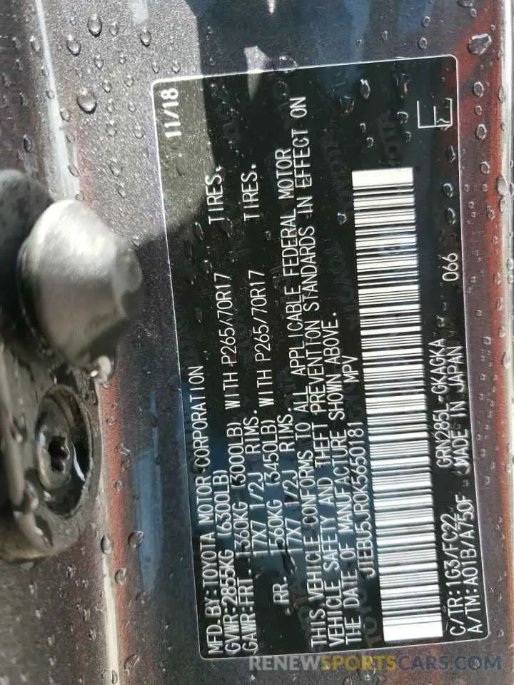 10 fotografías del automóvil dañado JTEBU5JR0K5650181 TOYOTA 4RUNNER 2019
