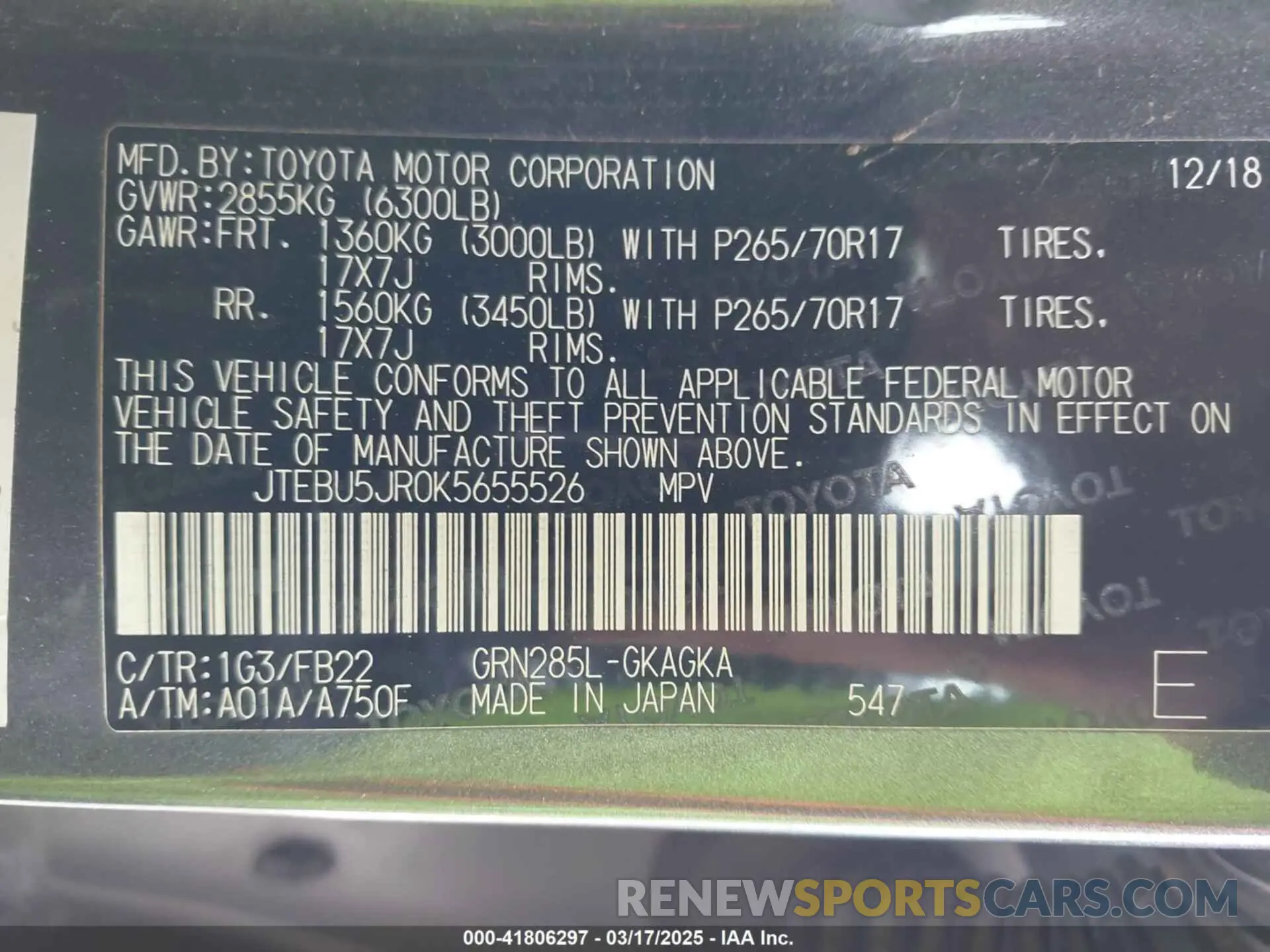 9 fotografías del automóvil dañado JTEBU5JR0K5655526 TOYOTA 4RUNNER 2019
