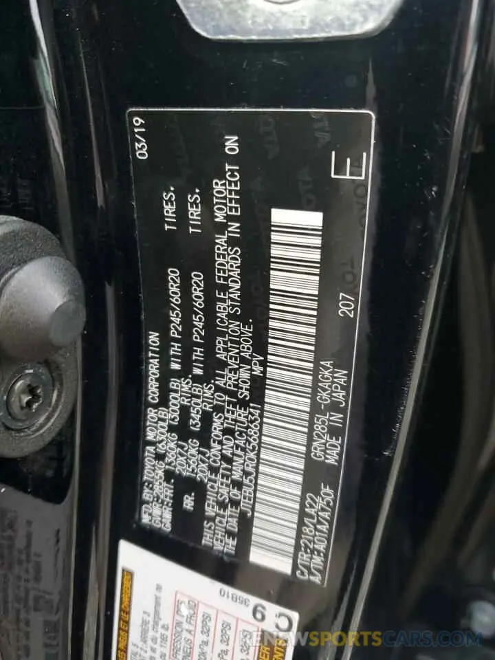 12 fotografías del automóvil dañado JTEBU5JR0K5686341 TOYOTA 4RUNNER 2019