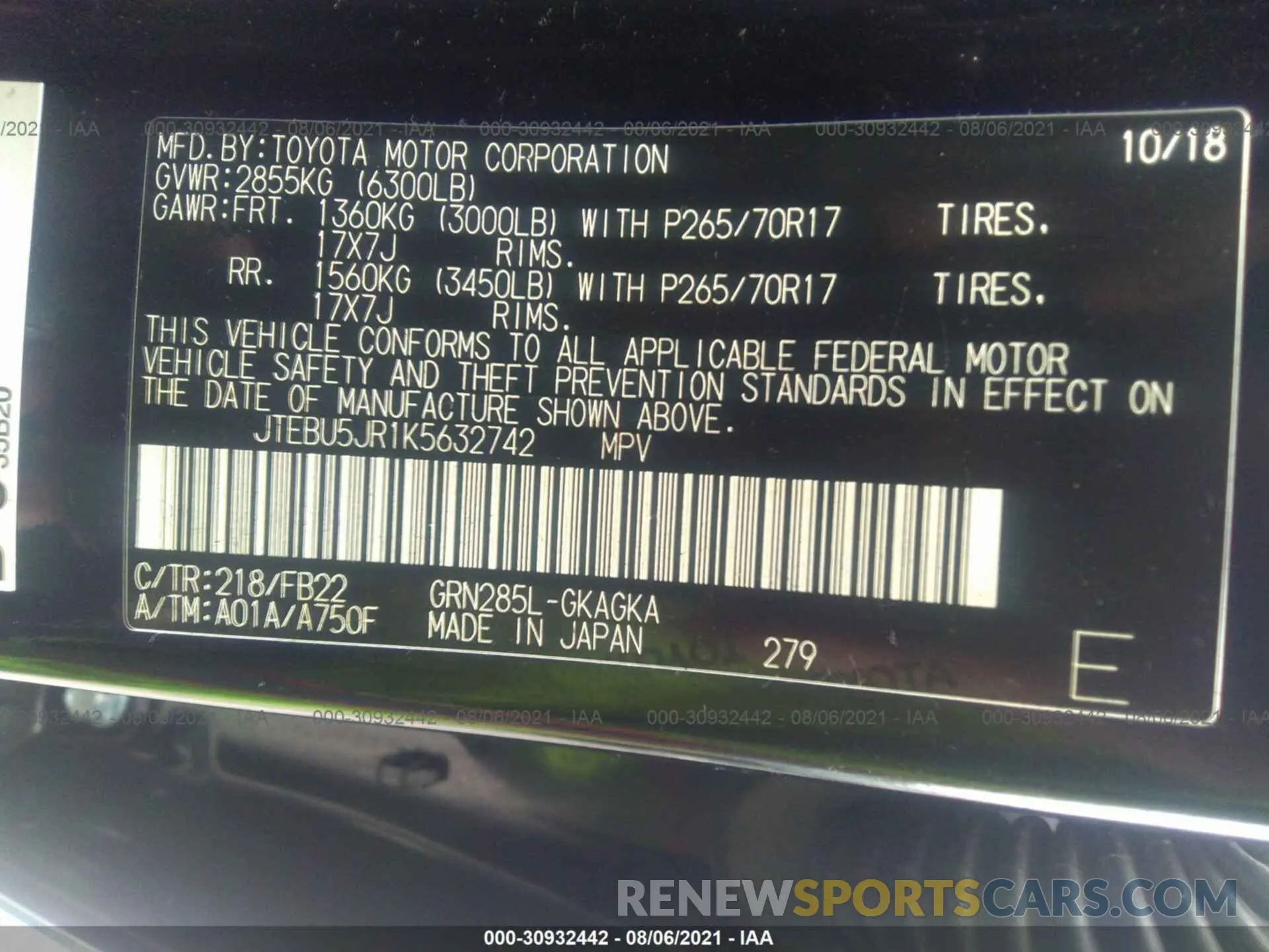9 fotografías del automóvil dañado JTEBU5JR1K5632742 TOYOTA 4RUNNER 2019