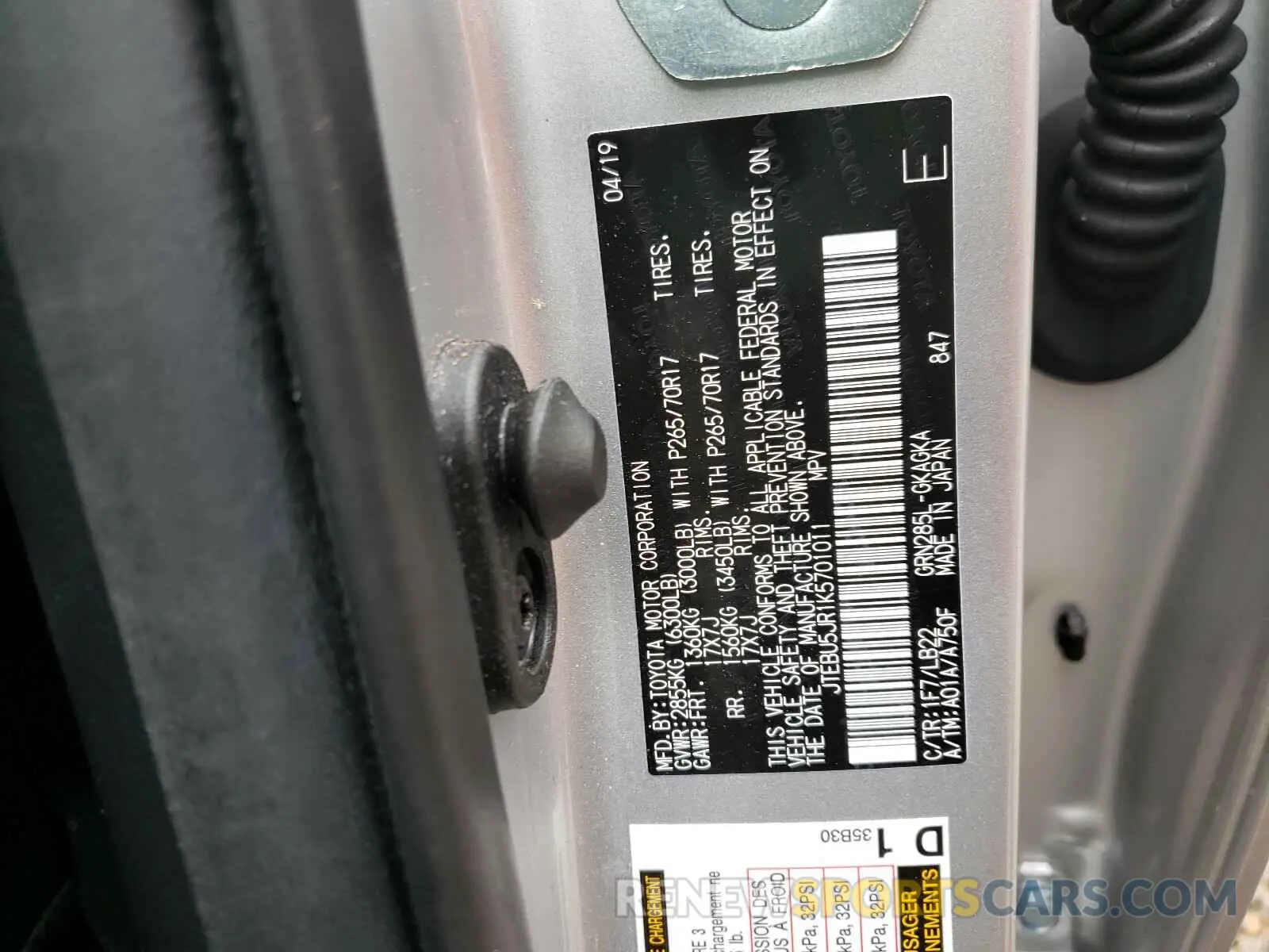 10 fotografías del automóvil dañado JTEBU5JR1K5701011 TOYOTA 4RUNNER 2019