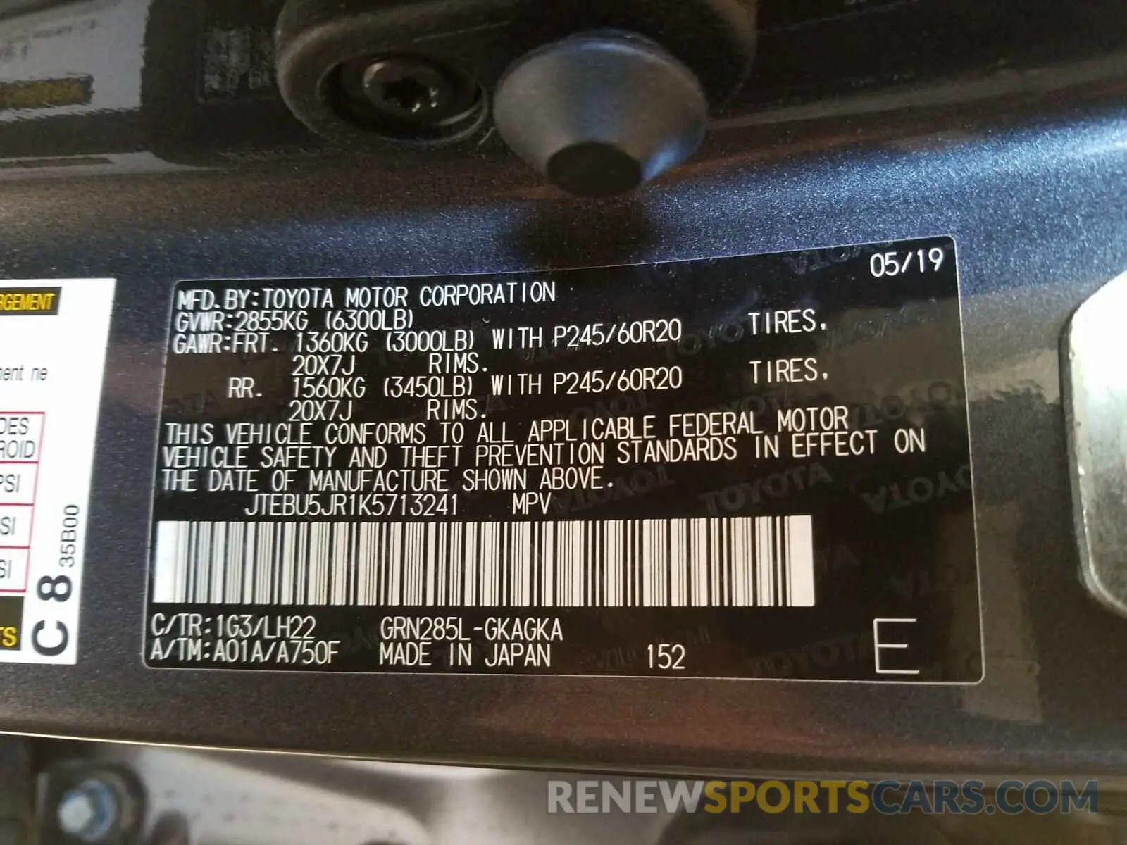 10 fotografías del automóvil dañado JTEBU5JR1K5713241 TOYOTA 4RUNNER 2019
