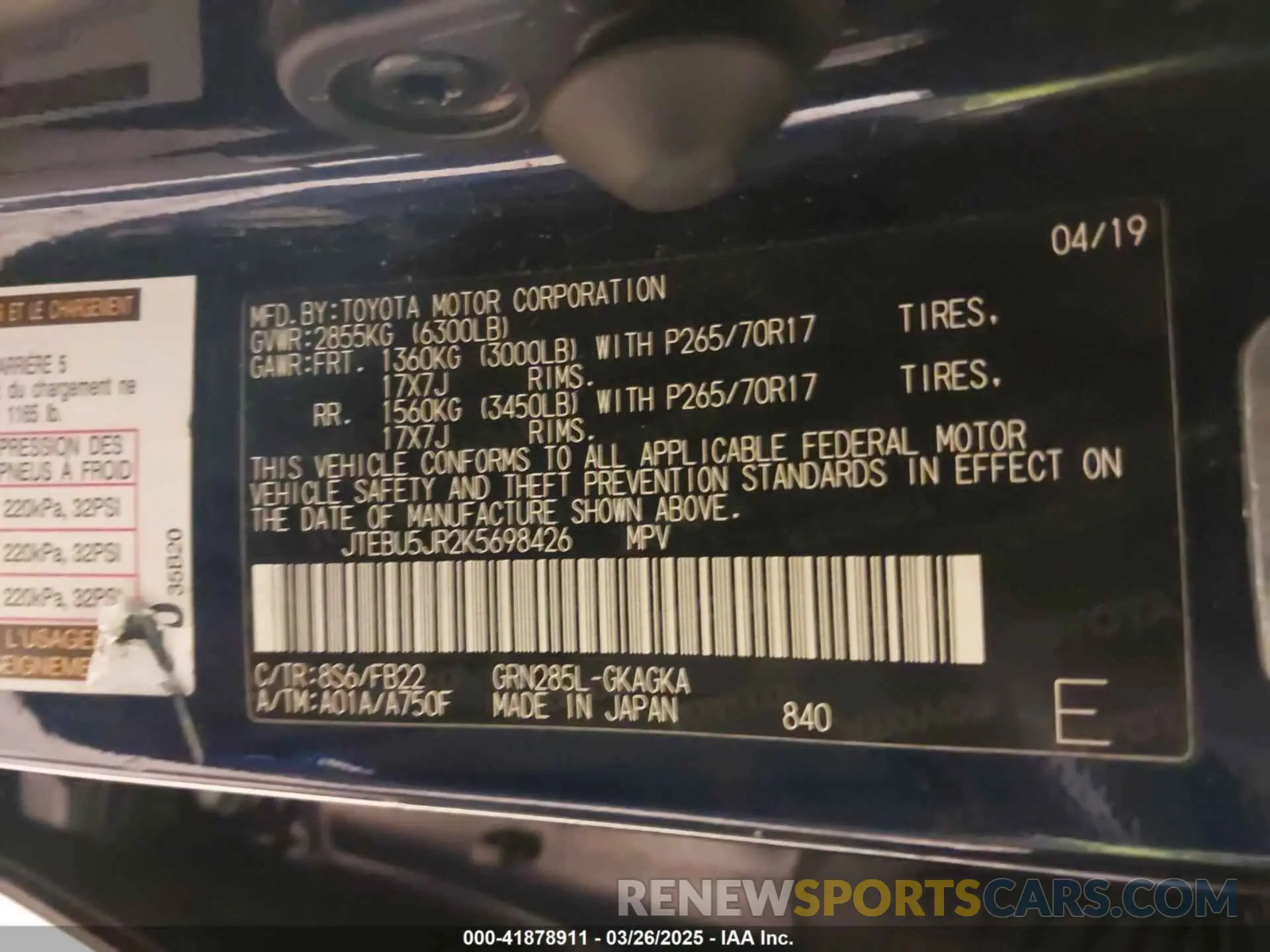 9 fotografías del automóvil dañado JTEBU5JR2K5698426 TOYOTA 4RUNNER 2019