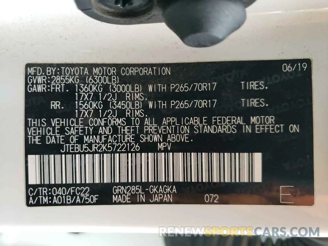 14 fotografías del automóvil dañado JTEBU5JR2K5722126 TOYOTA 4RUNNER 2019
