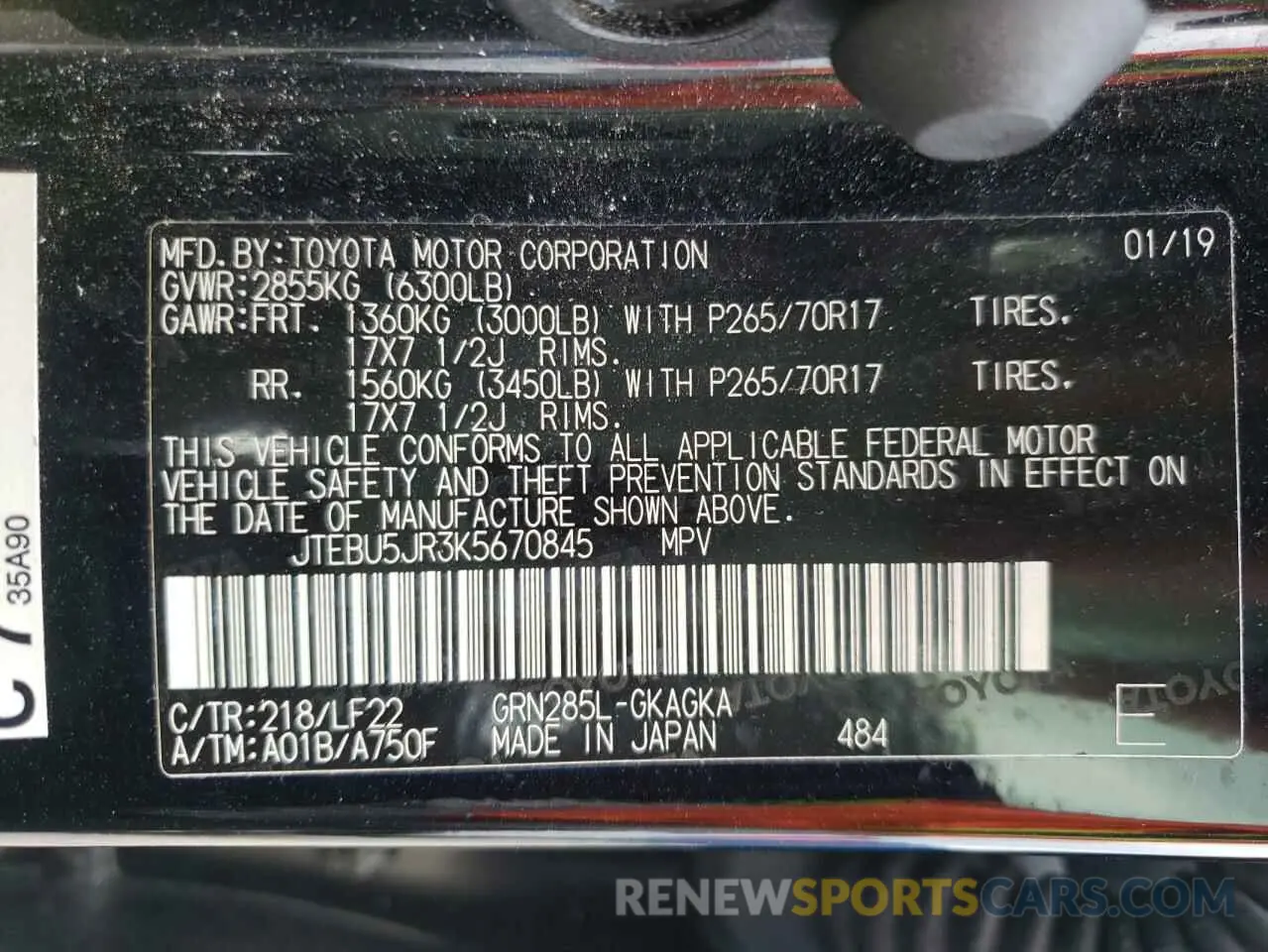 10 fotografías del automóvil dañado JTEBU5JR3K5670845 TOYOTA 4RUNNER 2019
