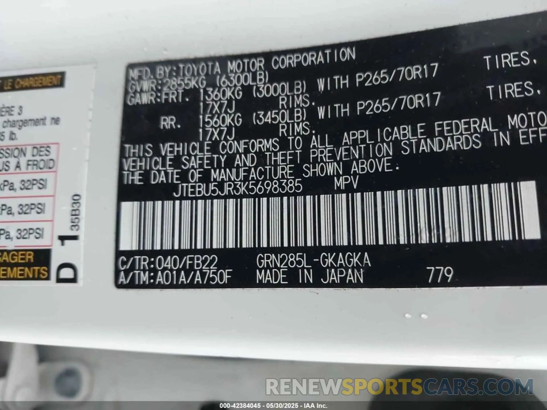 9 fotografías del automóvil dañado JTEBU5JR3K5698385 TOYOTA 4RUNNER 2019