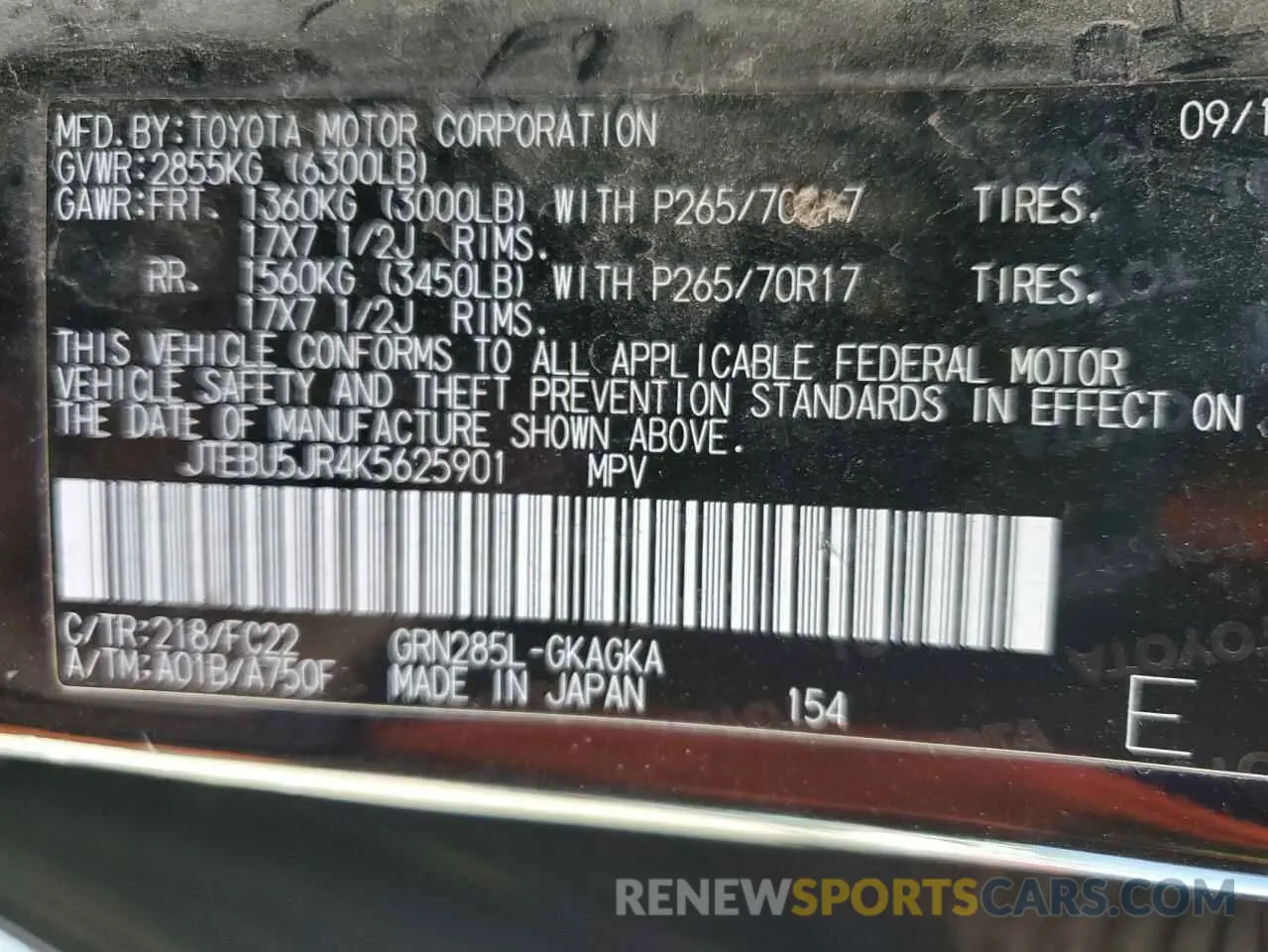 13 fotografías del automóvil dañado JTEBU5JR4K5625901 TOYOTA 4RUNNER 2019