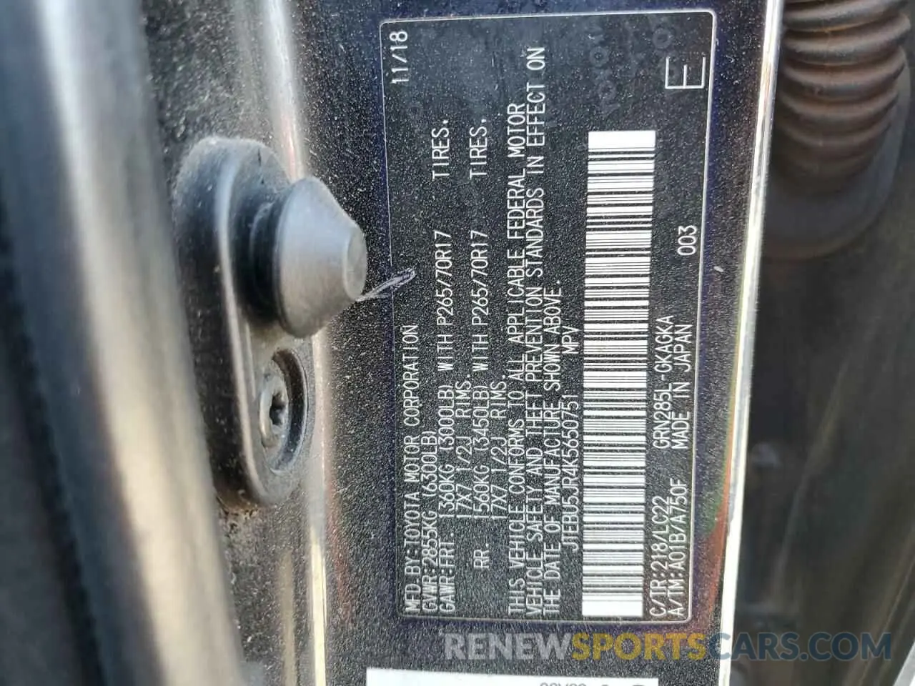 12 fotografías del automóvil dañado JTEBU5JR4K5650751 TOYOTA 4RUNNER 2019
