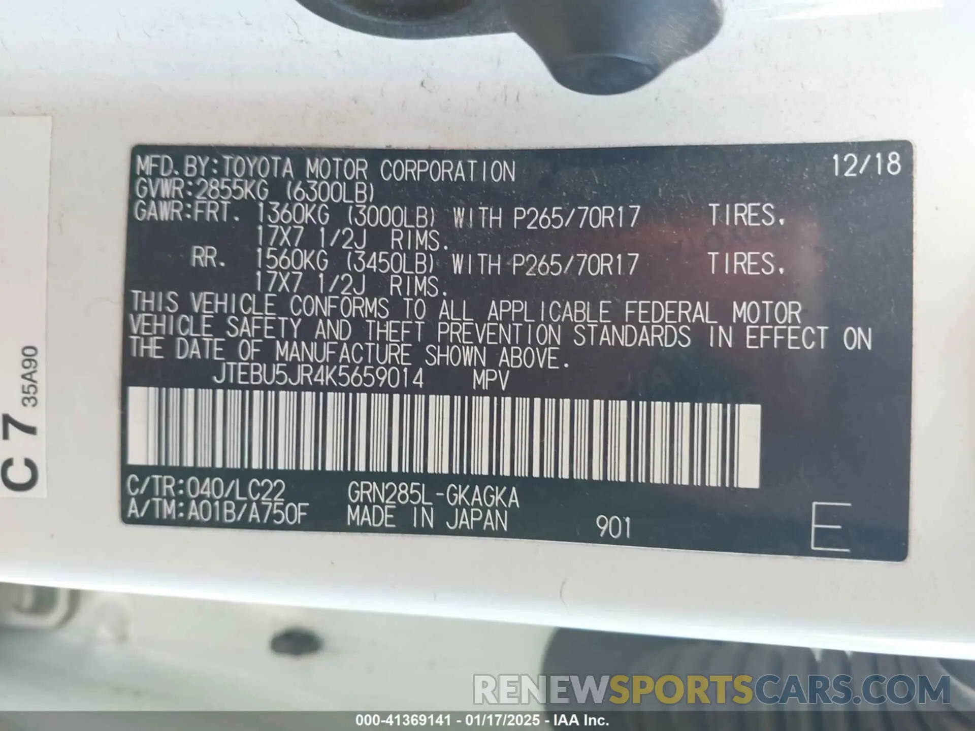 9 fotografías del automóvil dañado JTEBU5JR4K5659014 TOYOTA 4RUNNER 2019