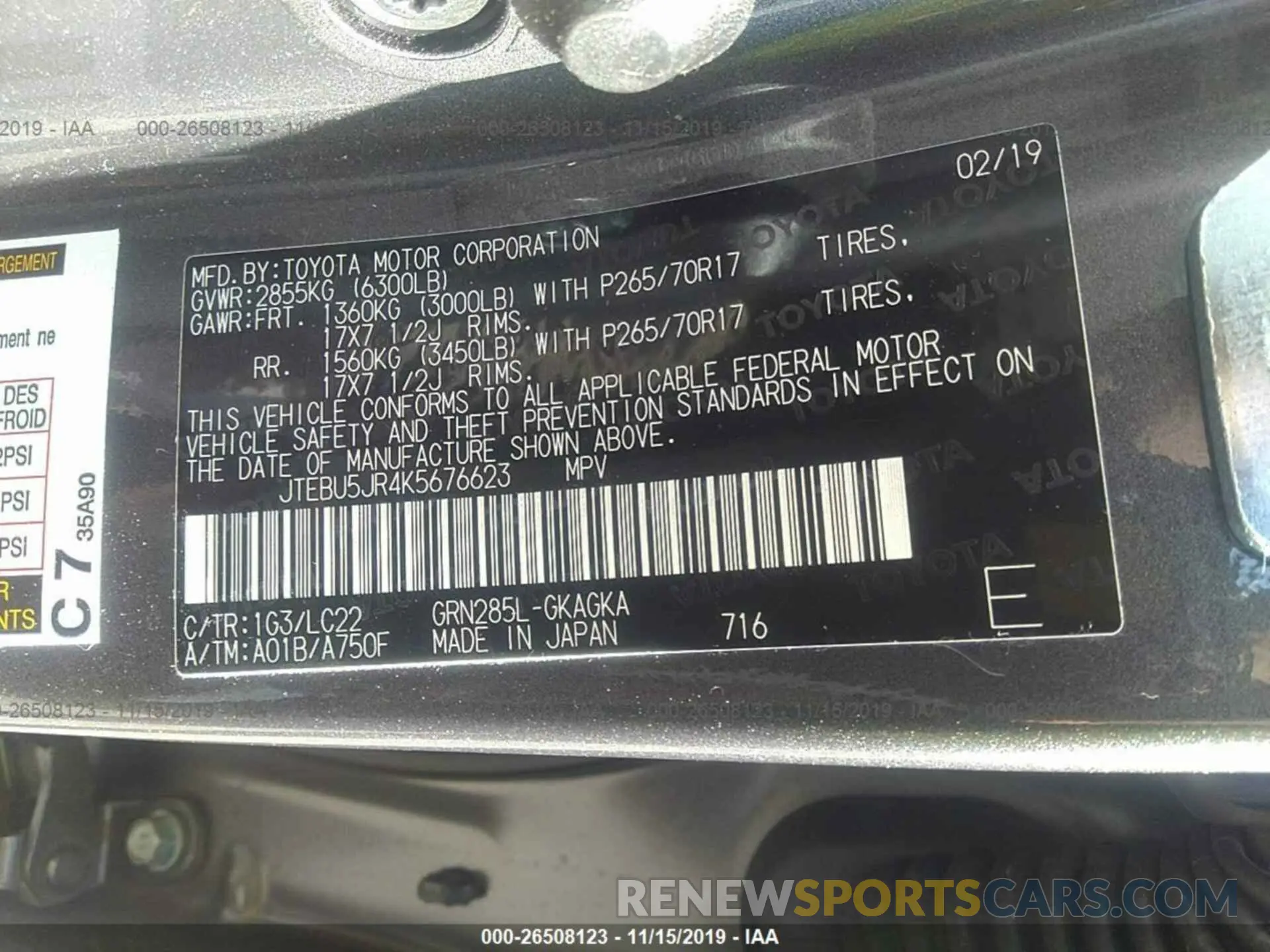 9 fotografías del automóvil dañado JTEBU5JR4K5676623 TOYOTA 4RUNNER 2019