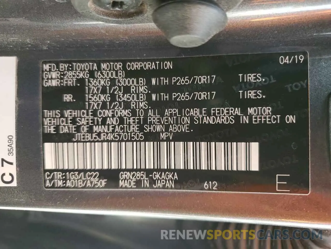 13 fotografías del automóvil dañado JTEBU5JR4K5701505 TOYOTA 4RUNNER 2019