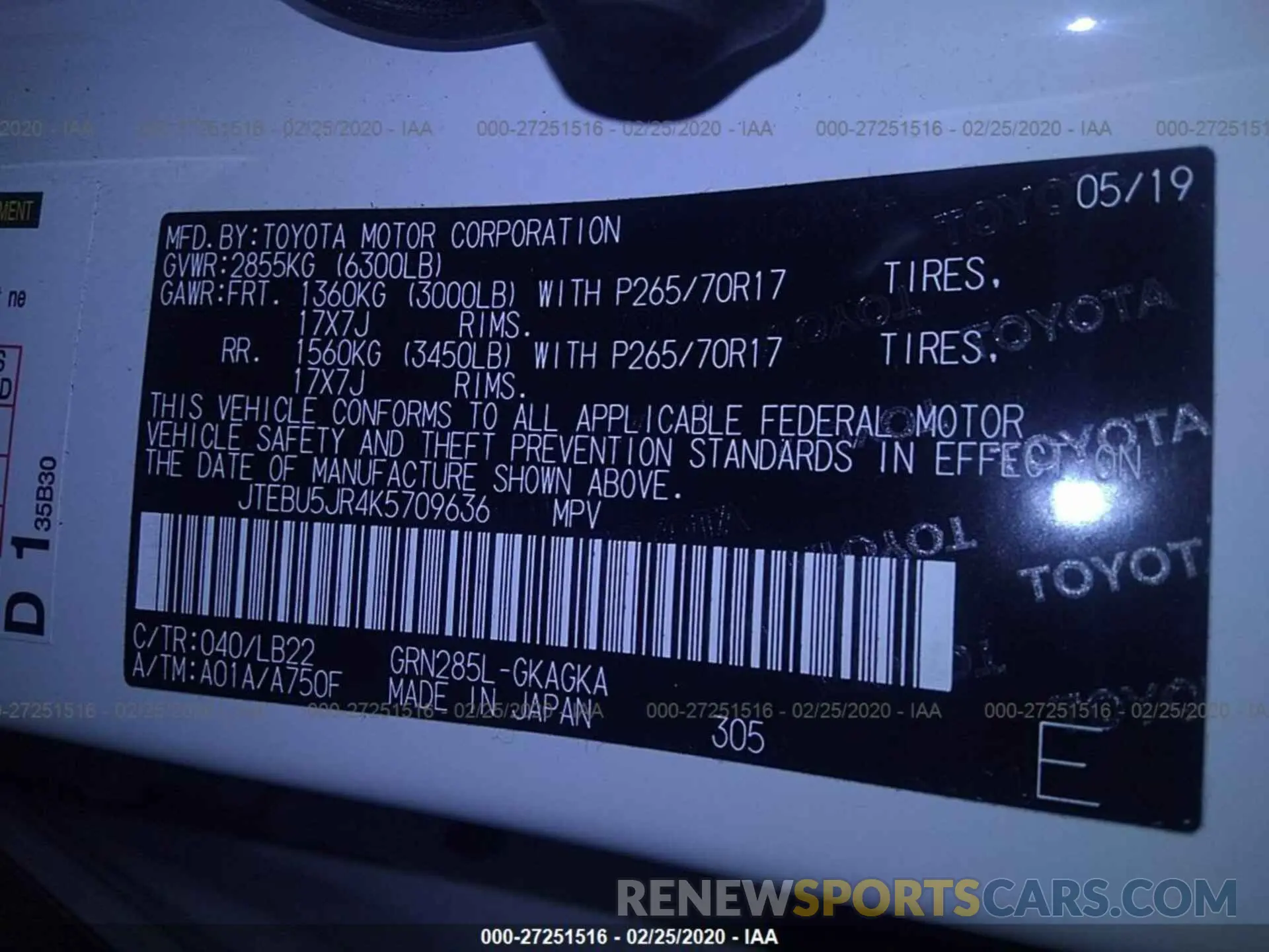 9 fotografías del automóvil dañado JTEBU5JR4K5709636 TOYOTA 4RUNNER 2019