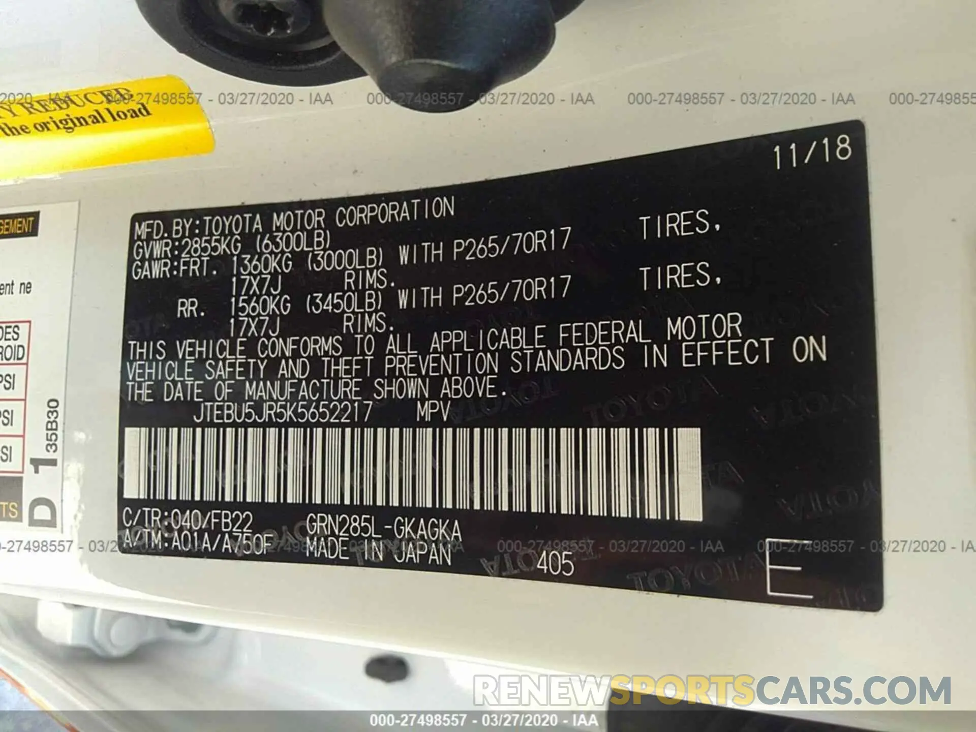 9 fotografías del automóvil dañado JTEBU5JR5K5652217 TOYOTA 4RUNNER 2019