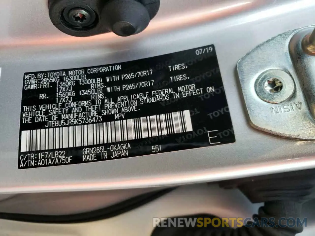 10 fotografías del automóvil dañado JTEBU5JR5K5736473 TOYOTA 4RUNNER 2019