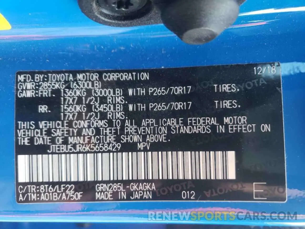 10 fotografías del automóvil dañado JTEBU5JR6K5658429 TOYOTA 4RUNNER 2019