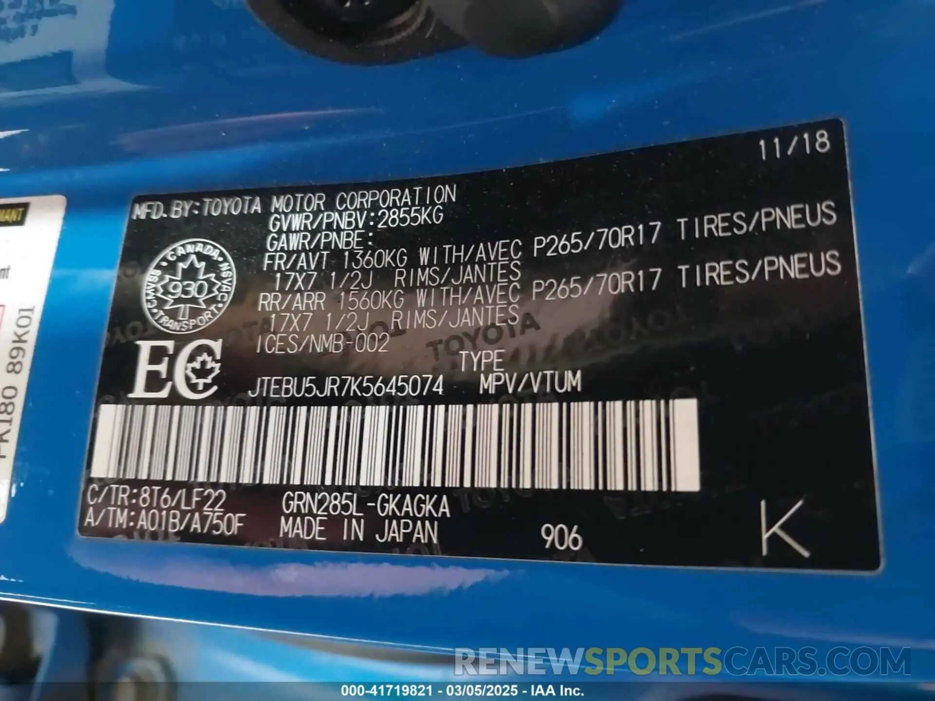 9 fotografías del automóvil dañado JTEBU5JR7K5645074 TOYOTA 4RUNNER 2019
