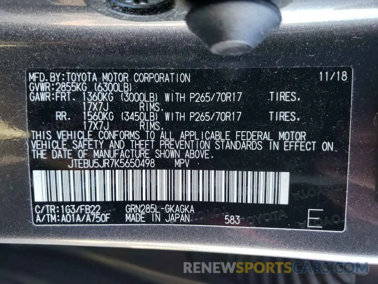 10 fotografías del automóvil dañado JTEBU5JR7K5650498 TOYOTA 4RUNNER 2019
