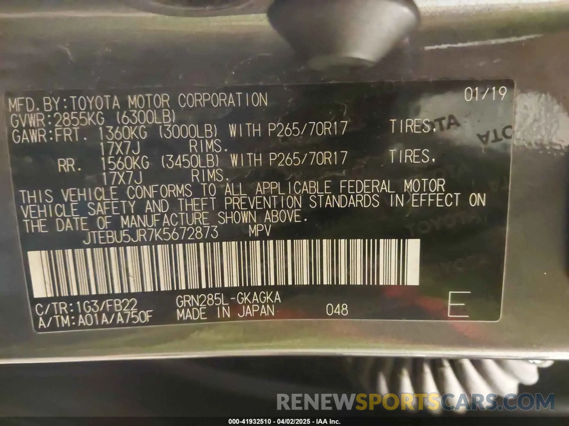 9 fotografías del automóvil dañado JTEBU5JR7K5672873 TOYOTA 4RUNNER 2019