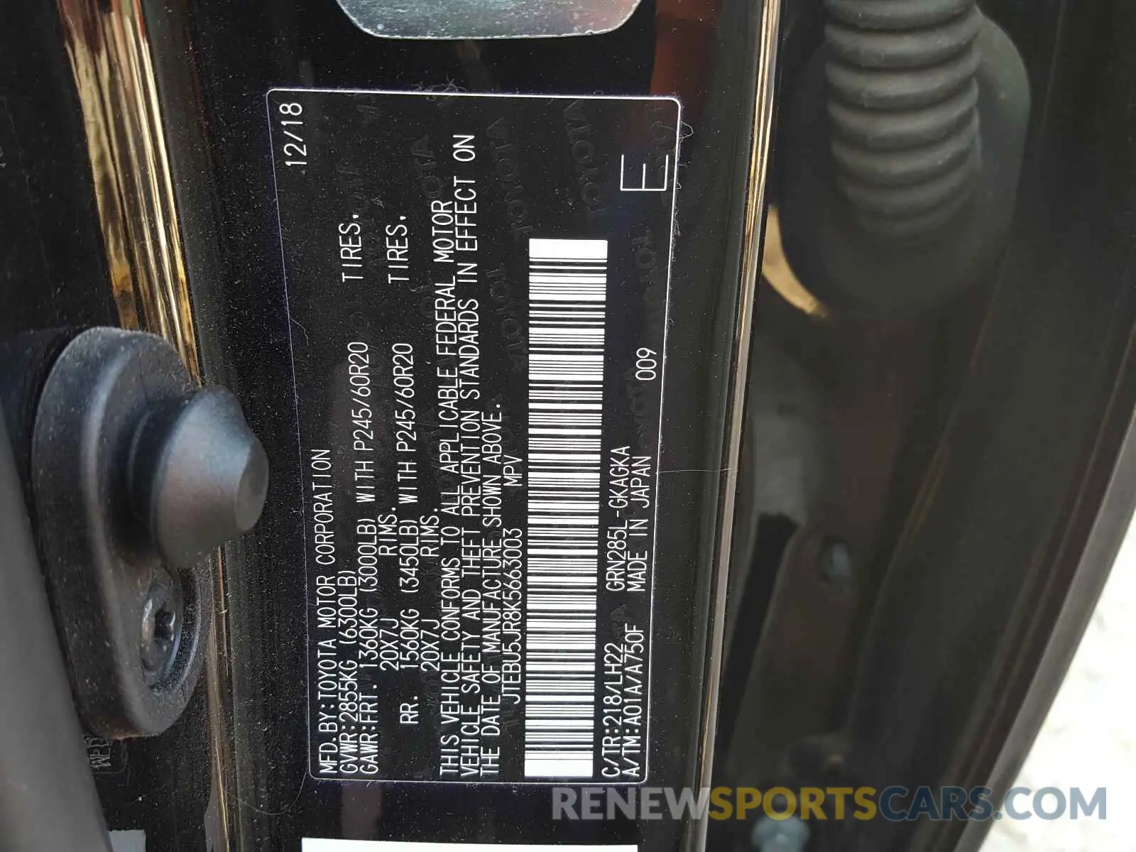 10 fotografías del automóvil dañado JTEBU5JR8K5663003 TOYOTA 4RUNNER 2019
