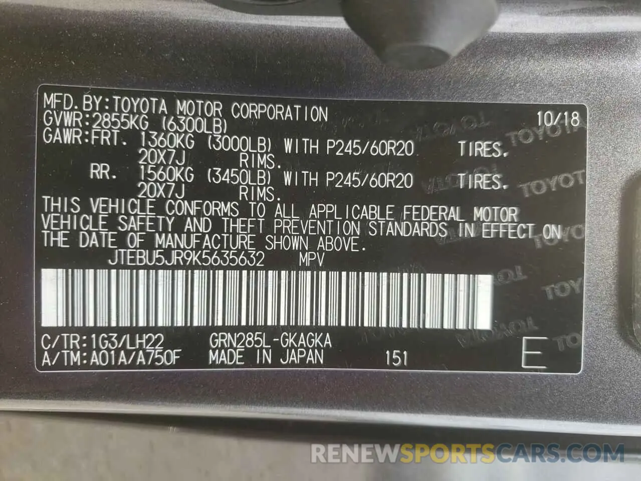 14 fotografías del automóvil dañado JTEBU5JR9K5635632 TOYOTA 4RUNNER 2019