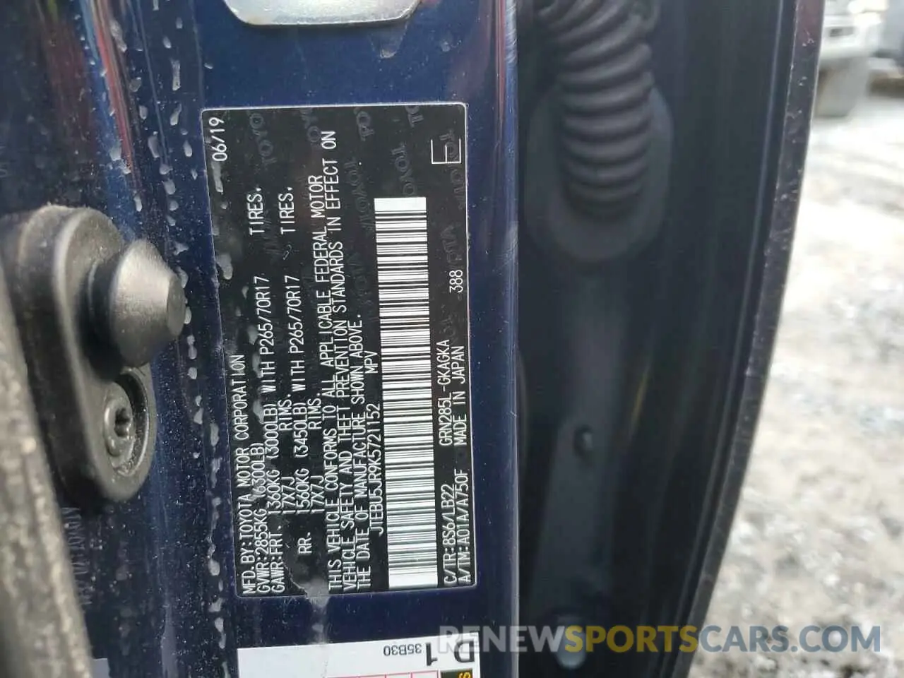 13 fotografías del automóvil dañado JTEBU5JR9K5721152 TOYOTA 4RUNNER 2019