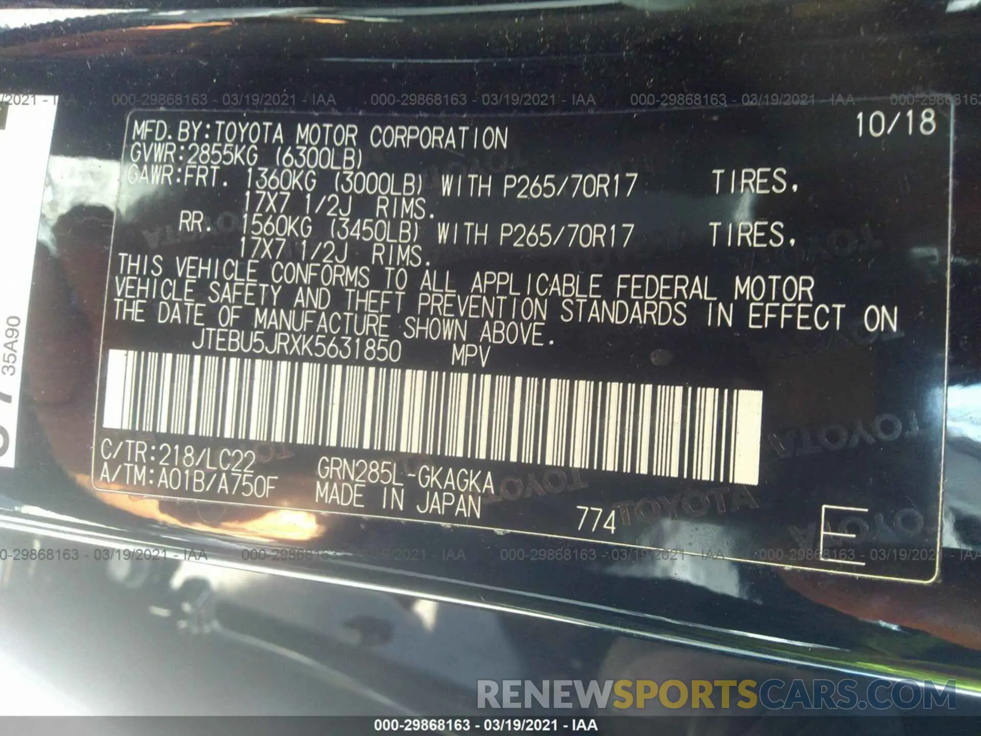 9 fotografías del automóvil dañado JTEBU5JRXK5631850 TOYOTA 4RUNNER 2019