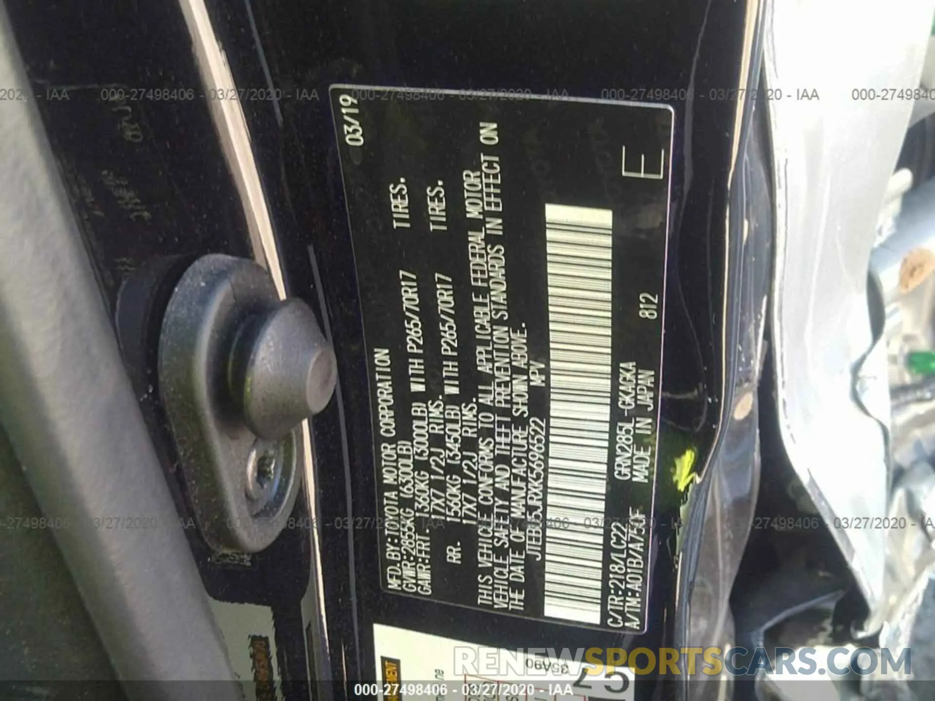 9 fotografías del automóvil dañado JTEBU5JRXK5696522 TOYOTA 4RUNNER 2019