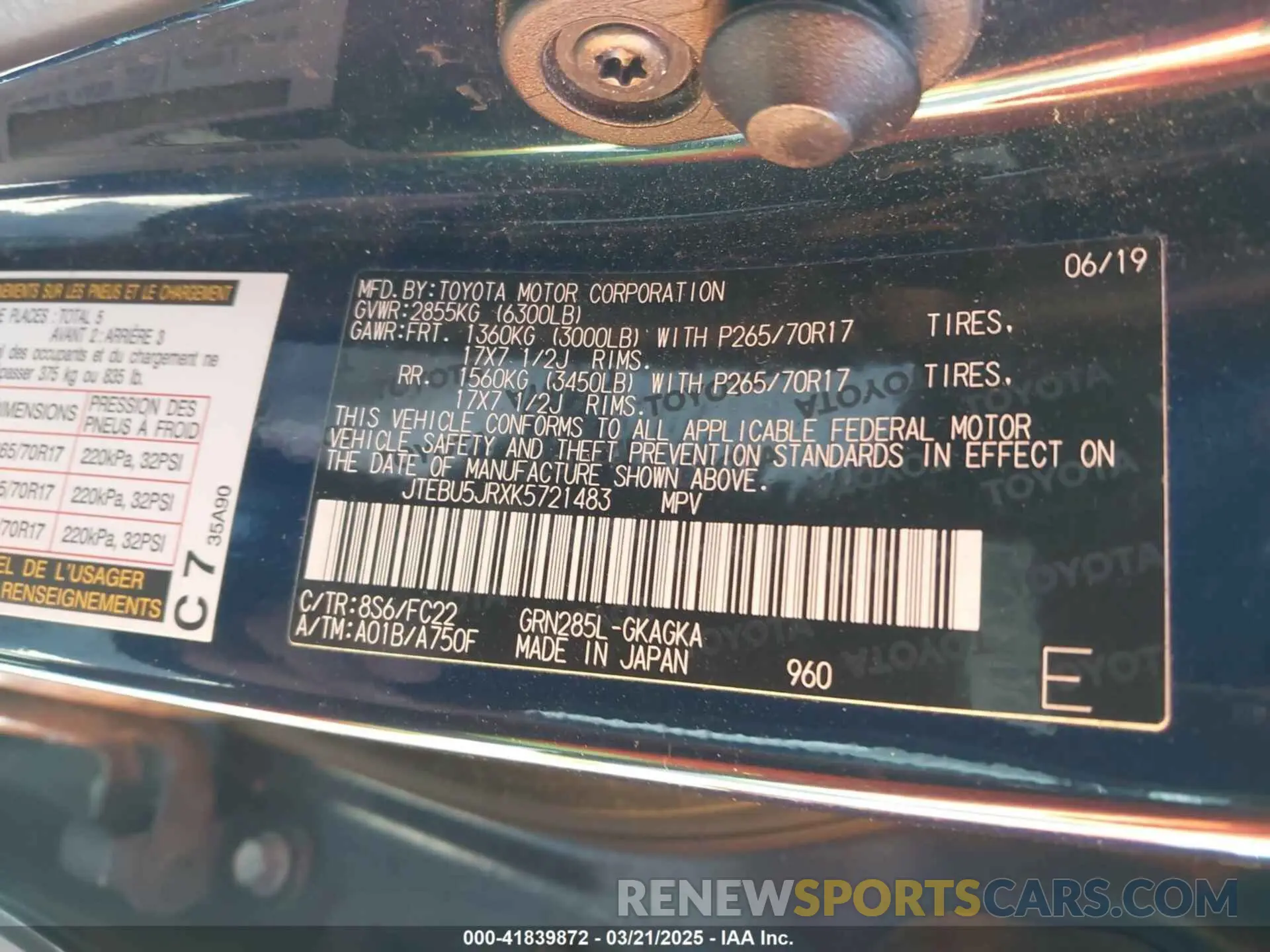 9 fotografías del automóvil dañado JTEBU5JRXK5721483 TOYOTA 4RUNNER 2019