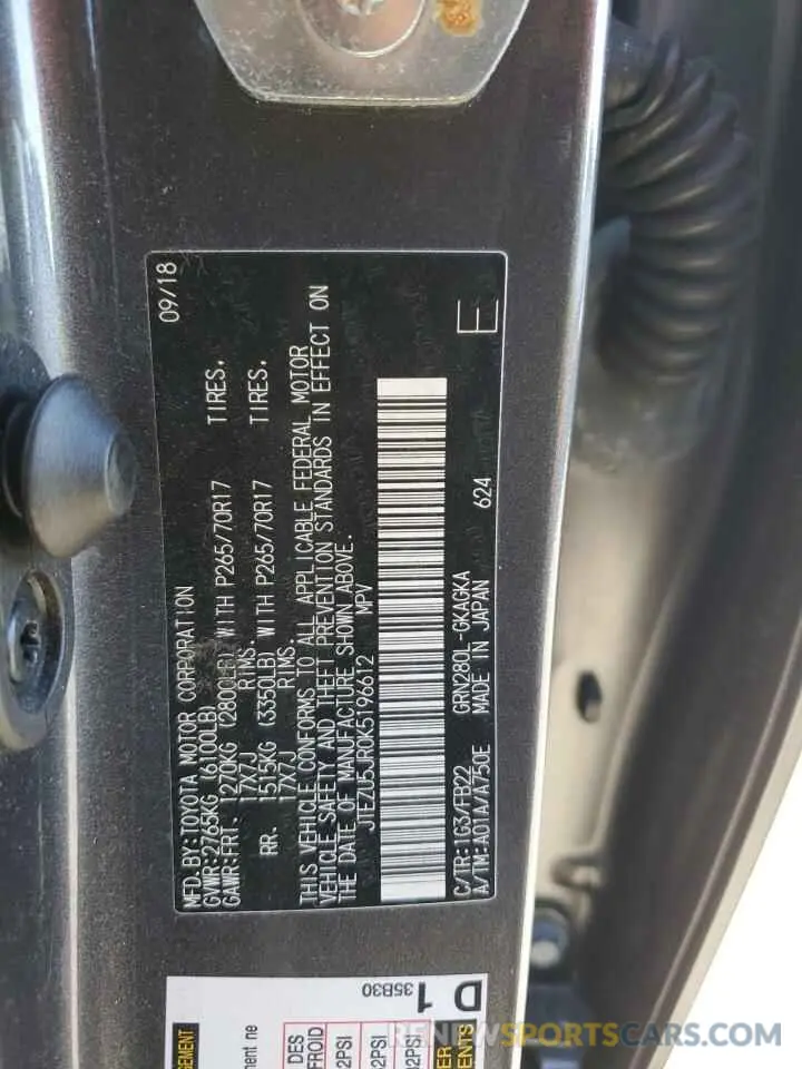 13 fotografías del automóvil dañado JTEZU5JR0K5196612 TOYOTA 4RUNNER 2019
