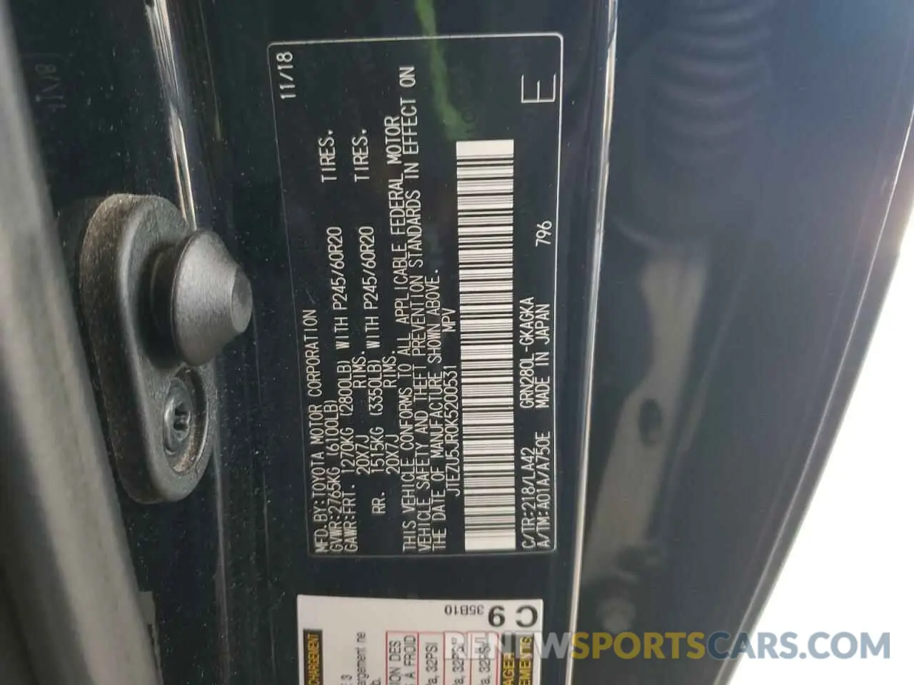 12 fotografías del automóvil dañado JTEZU5JR0K5200531 TOYOTA 4RUNNER 2019
