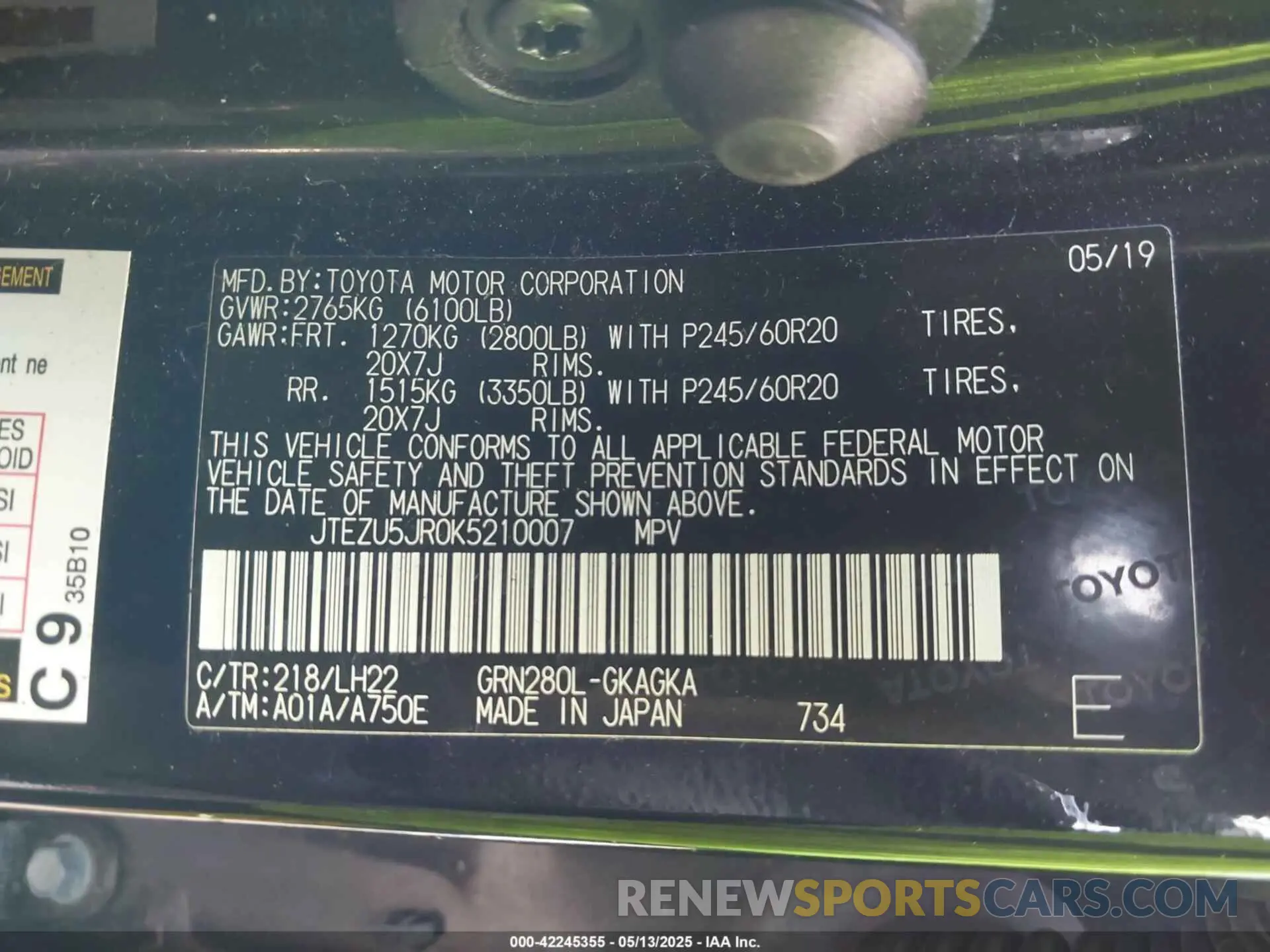 9 fotografías del automóvil dañado JTEZU5JR0K5210007 TOYOTA 4RUNNER 2019