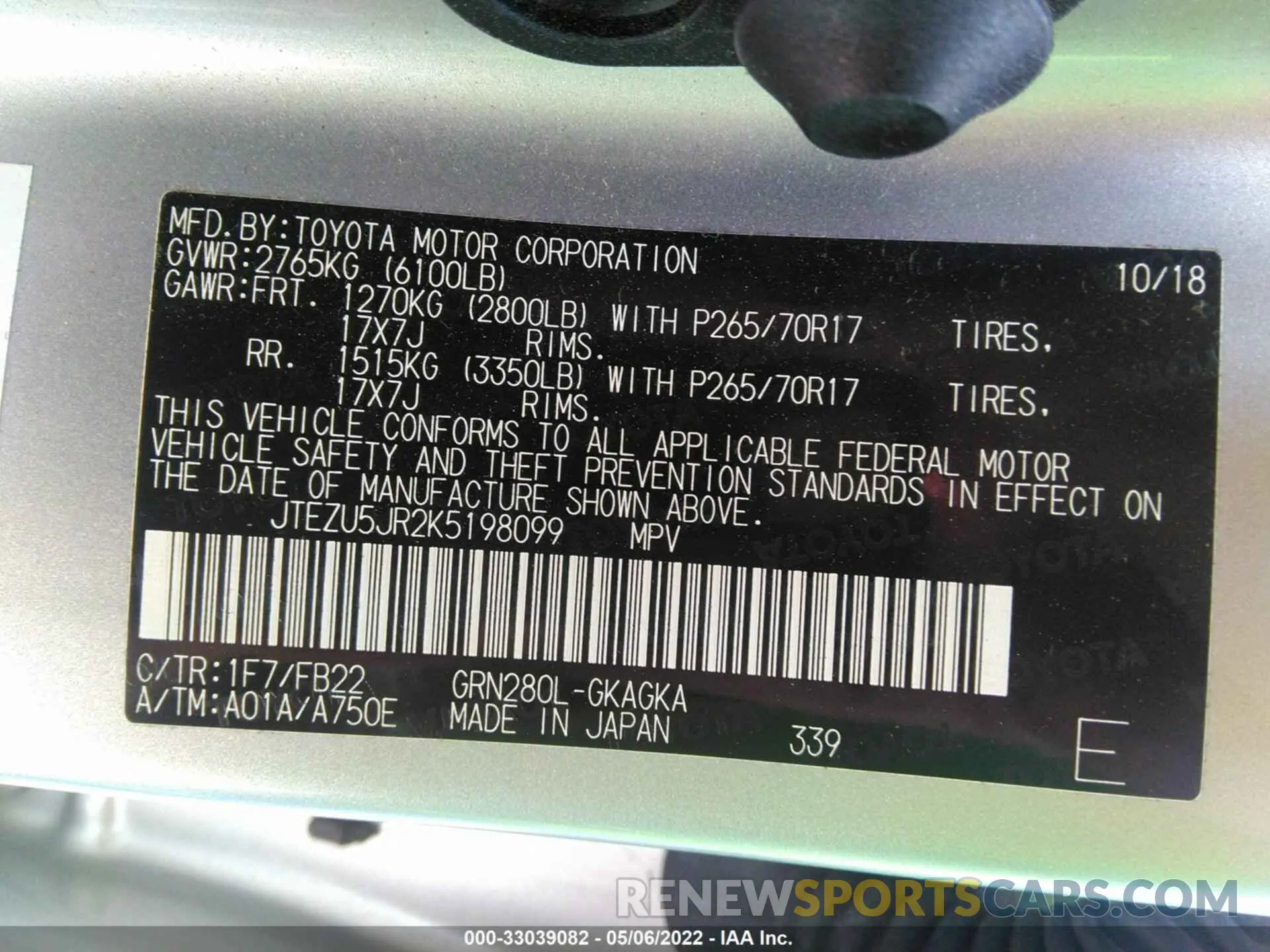 9 fotografías del automóvil dañado JTEZU5JR2K5198099 TOYOTA 4RUNNER 2019