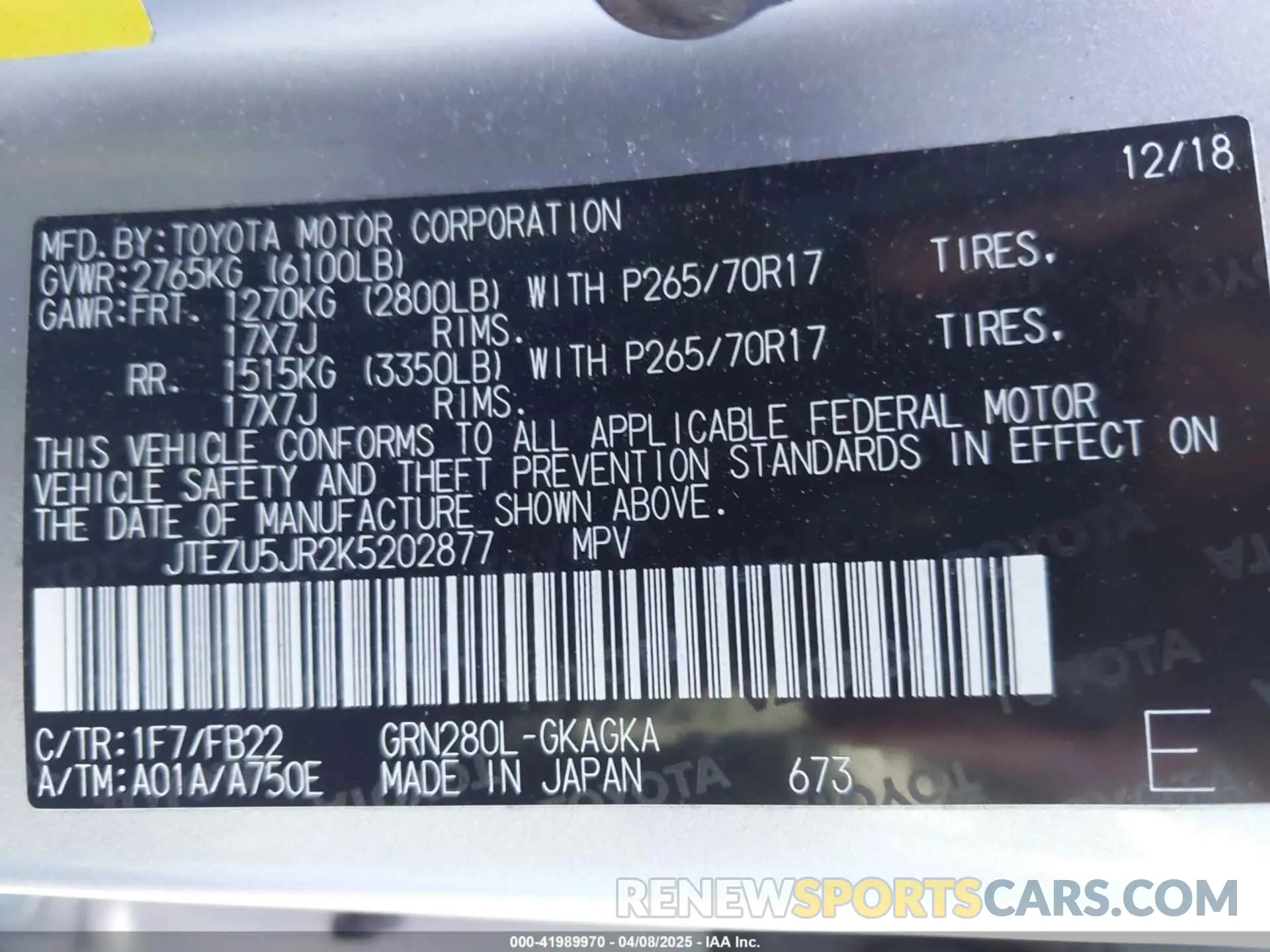 9 fotografías del automóvil dañado JTEZU5JR2K5202877 TOYOTA 4RUNNER 2019