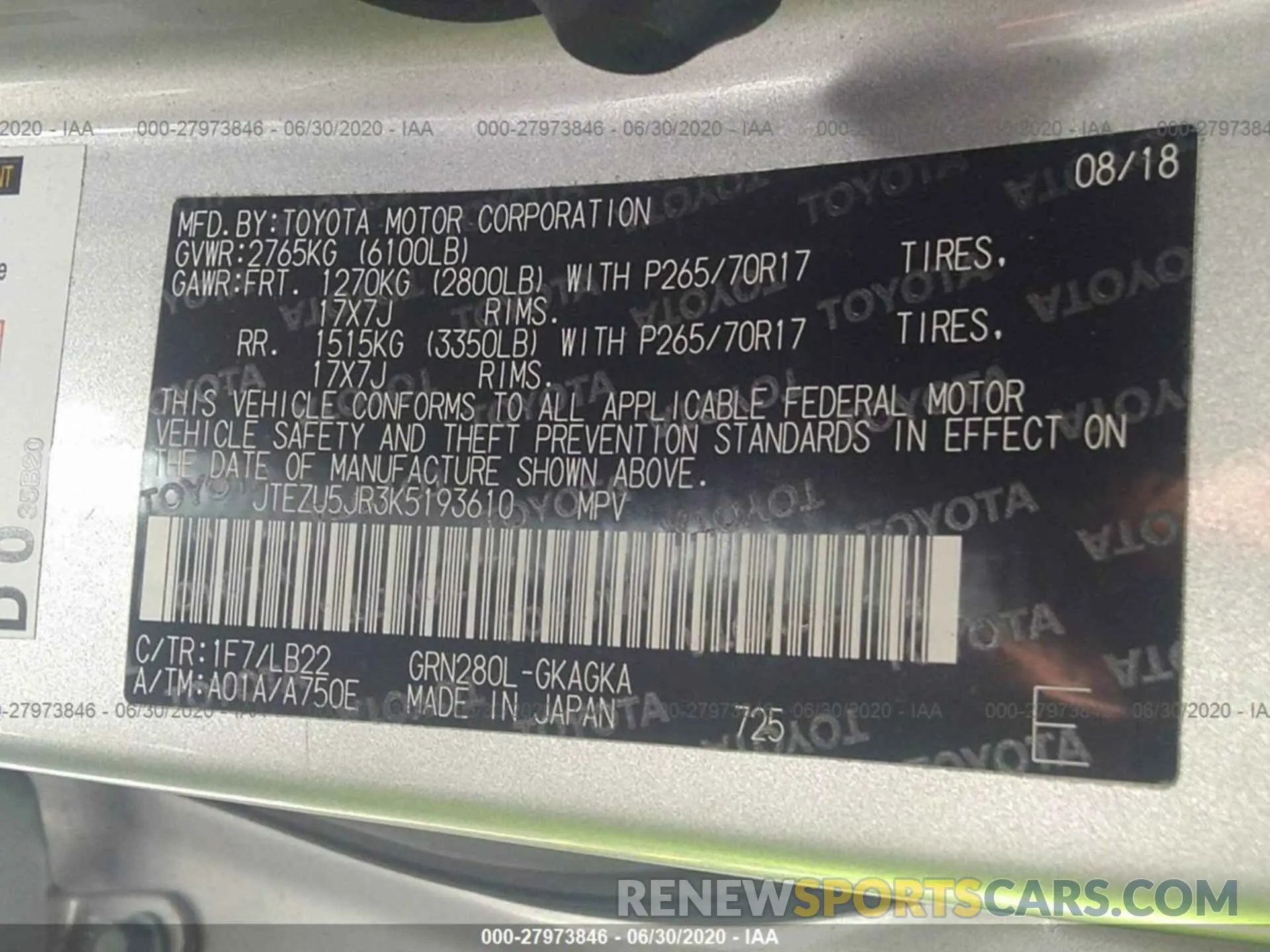 9 fotografías del automóvil dañado JTEZU5JR3K5193610 TOYOTA 4RUNNER 2019