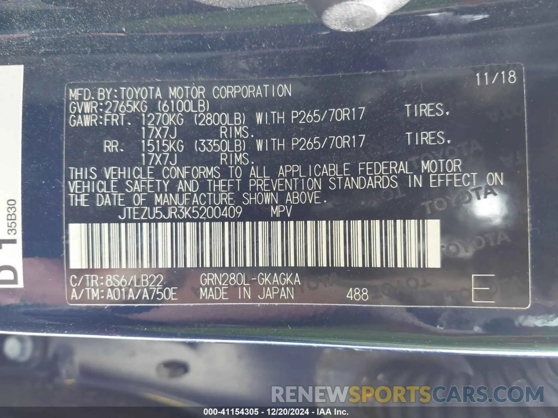 9 fotografías del automóvil dañado JTEZU5JR3K5200409 TOYOTA 4RUNNER 2019