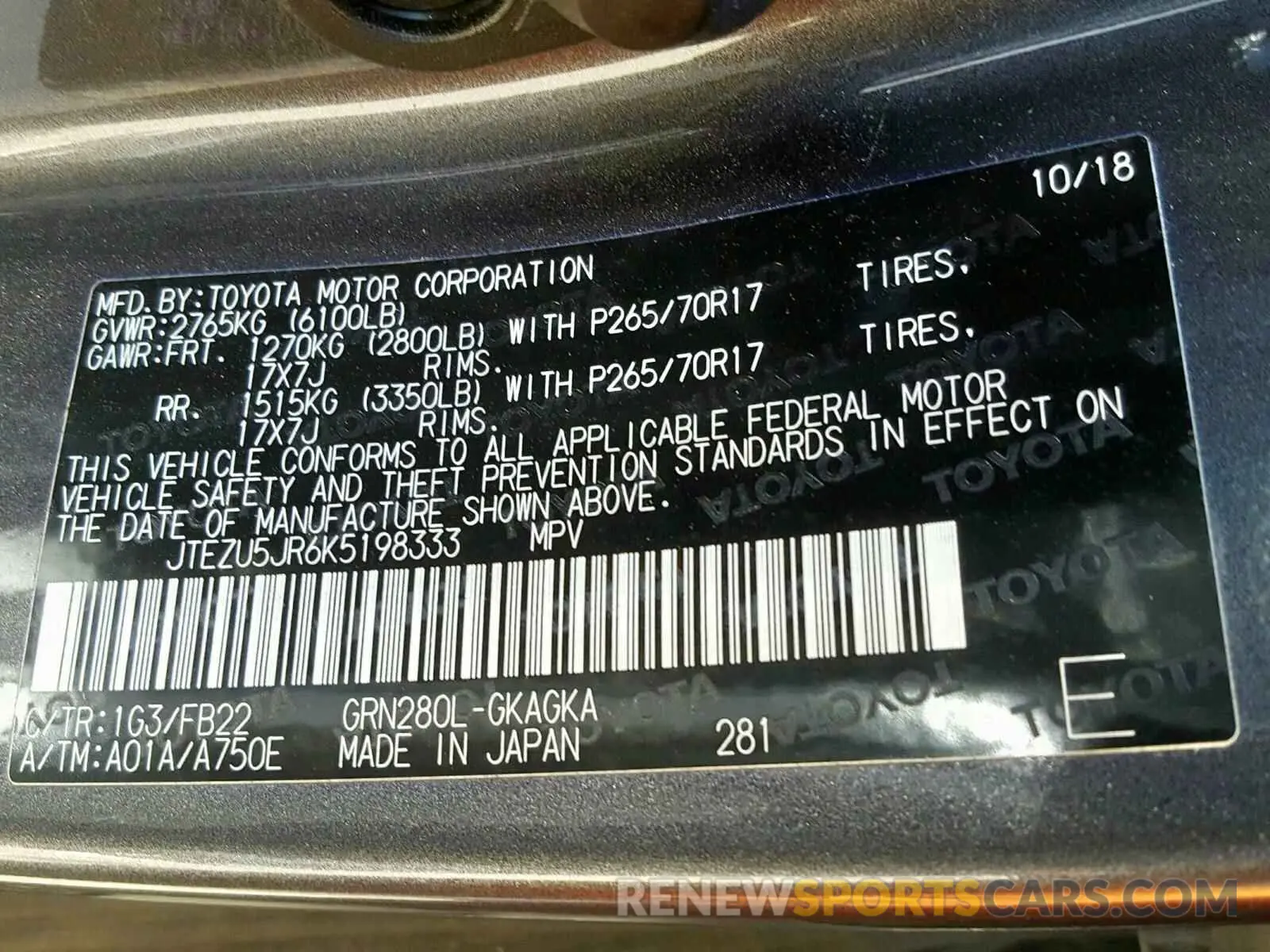 10 fotografías del automóvil dañado JTEZU5JR6K5198333 TOYOTA 4RUNNER 2019