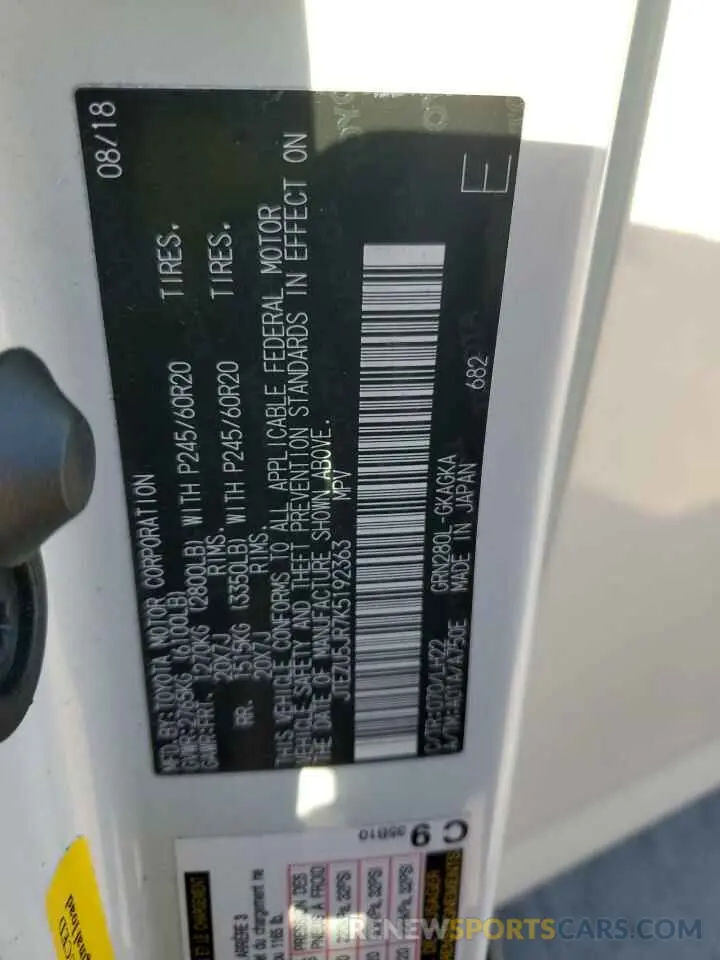 13 fotografías del automóvil dañado JTEZU5JR7K5192363 TOYOTA 4RUNNER 2019