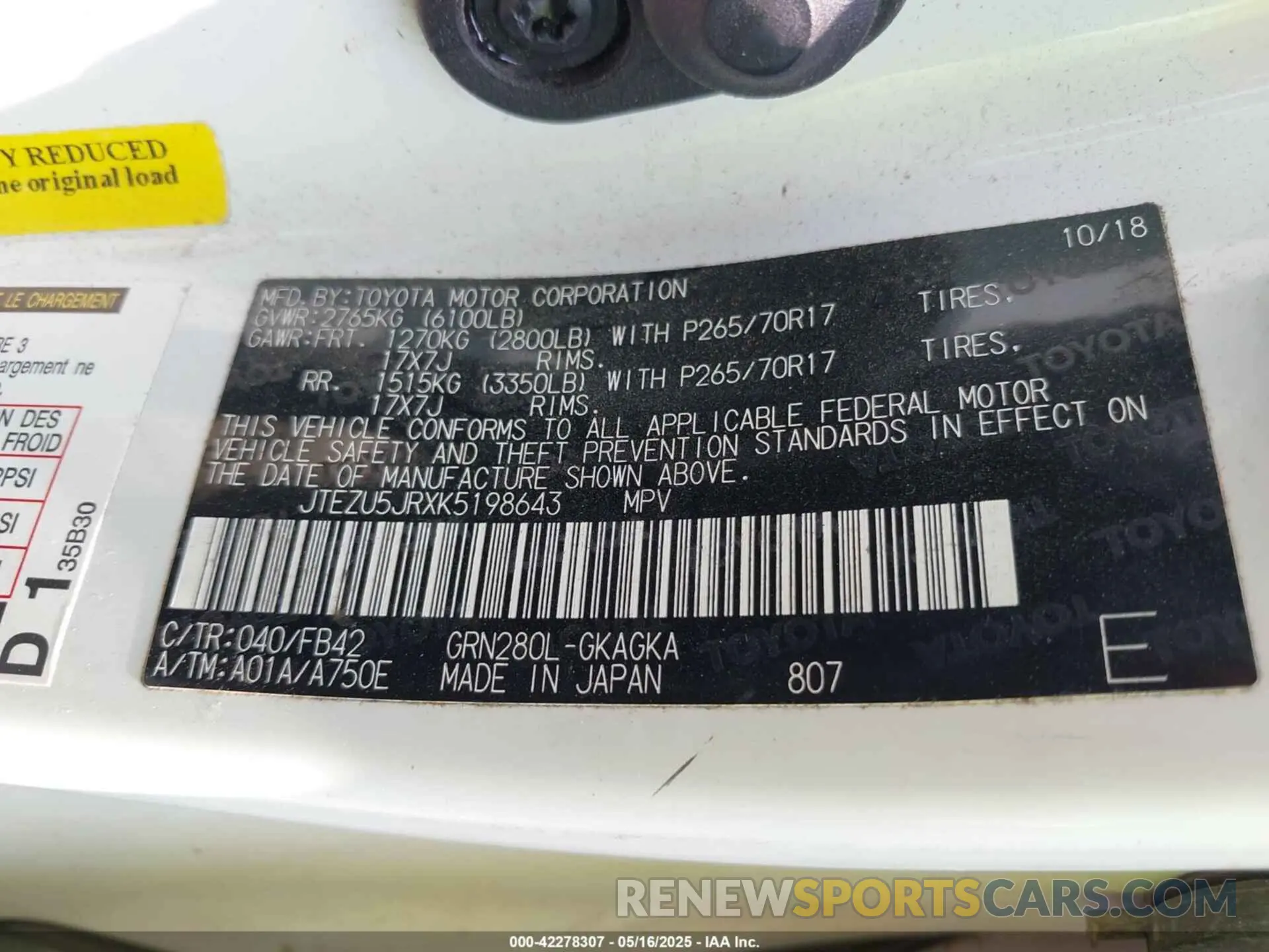 9 fotografías del automóvil dañado JTEZU5JRXK5198643 TOYOTA 4RUNNER 2019