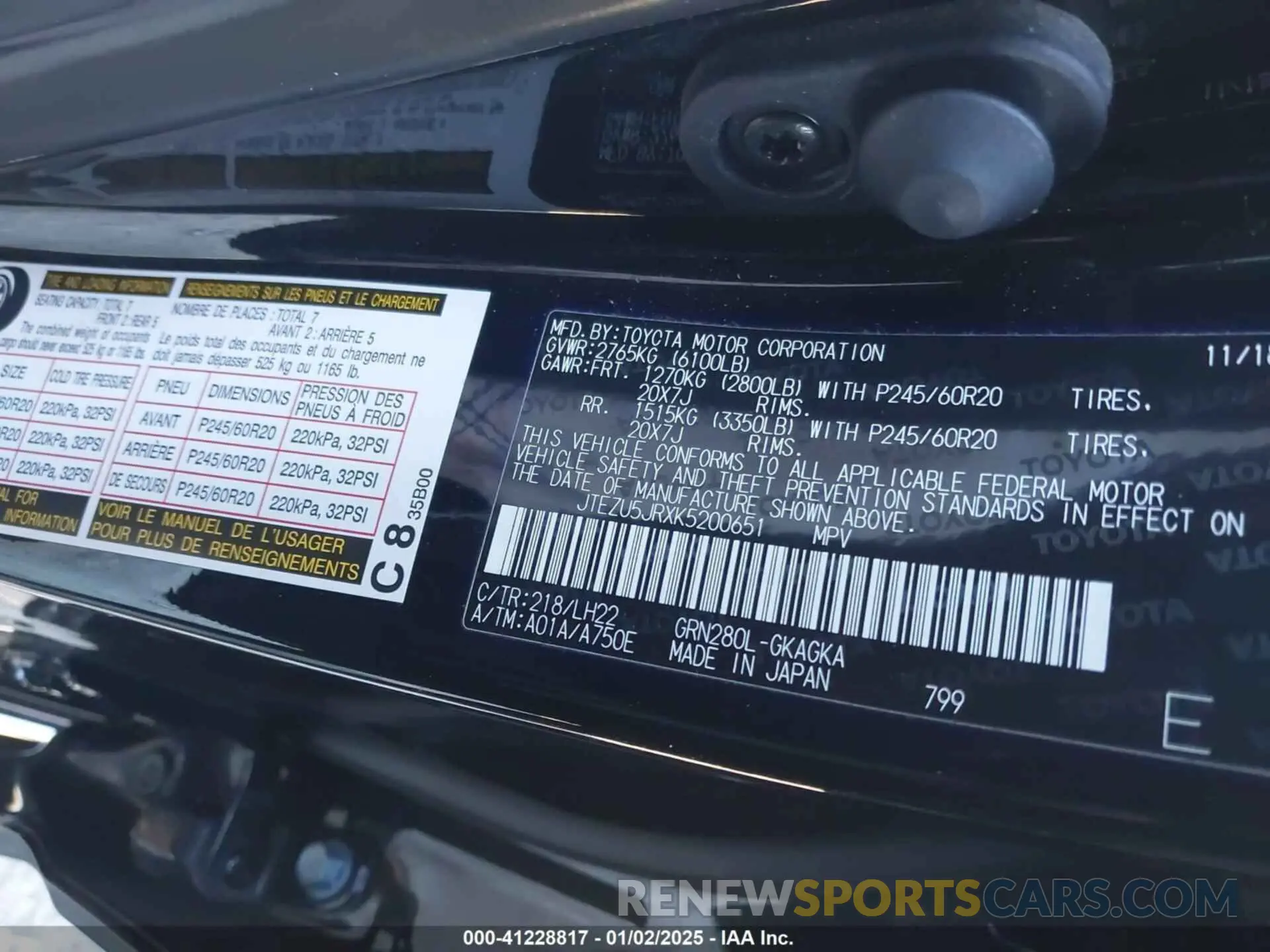 9 fotografías del automóvil dañado JTEZU5JRXK5200651 TOYOTA 4RUNNER 2019
