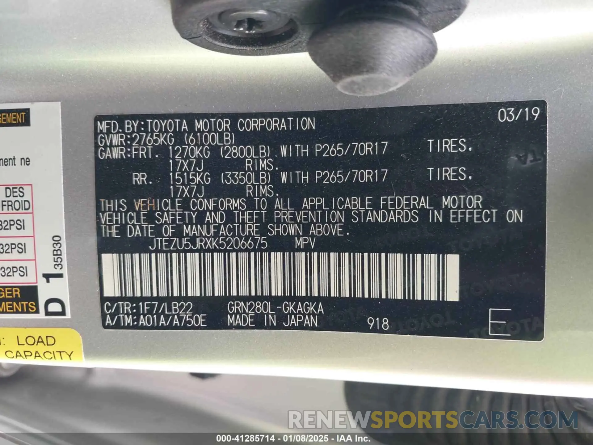 9 fotografías del automóvil dañado JTEZU5JRXK5206675 TOYOTA 4RUNNER 2019