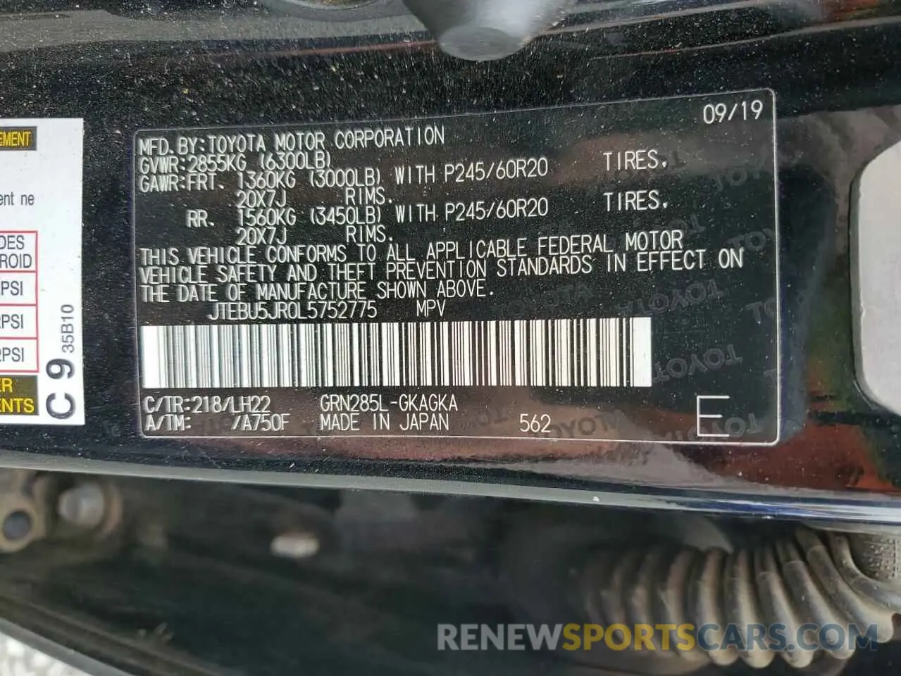 13 fotografías del automóvil dañado JTEBU5JR0L5752775 TOYOTA 4RUNNER 2020