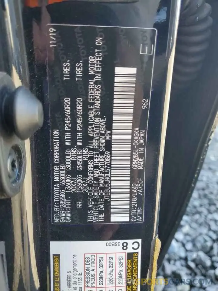12 fotografías del automóvil dañado JTEBU5JR0L5770869 TOYOTA 4RUNNER 2020