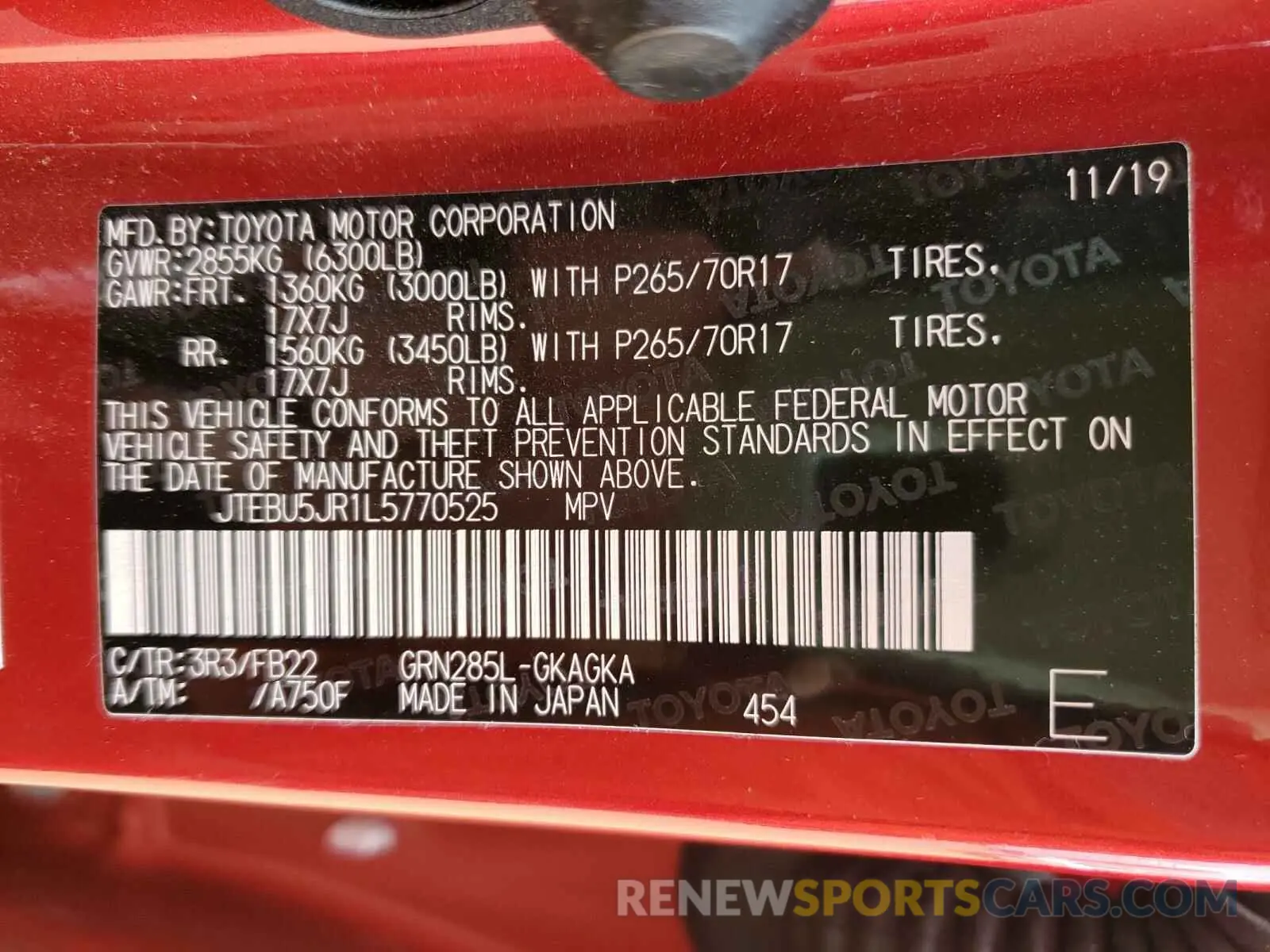 10 fotografías del automóvil dañado JTEBU5JR1L5770525 TOYOTA 4RUNNER 2020