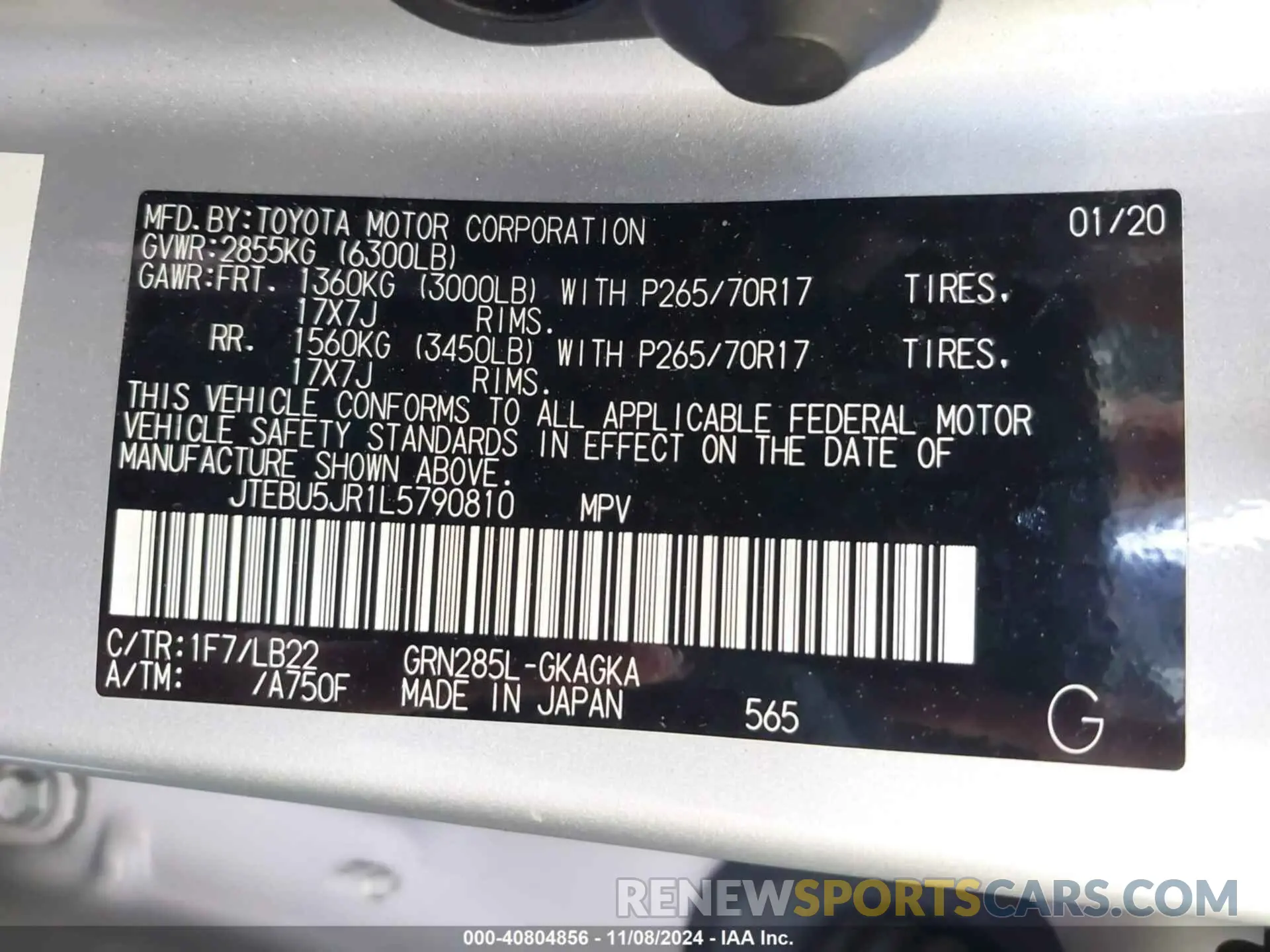 9 fotografías del automóvil dañado JTEBU5JR1L5790810 TOYOTA 4RUNNER 2020