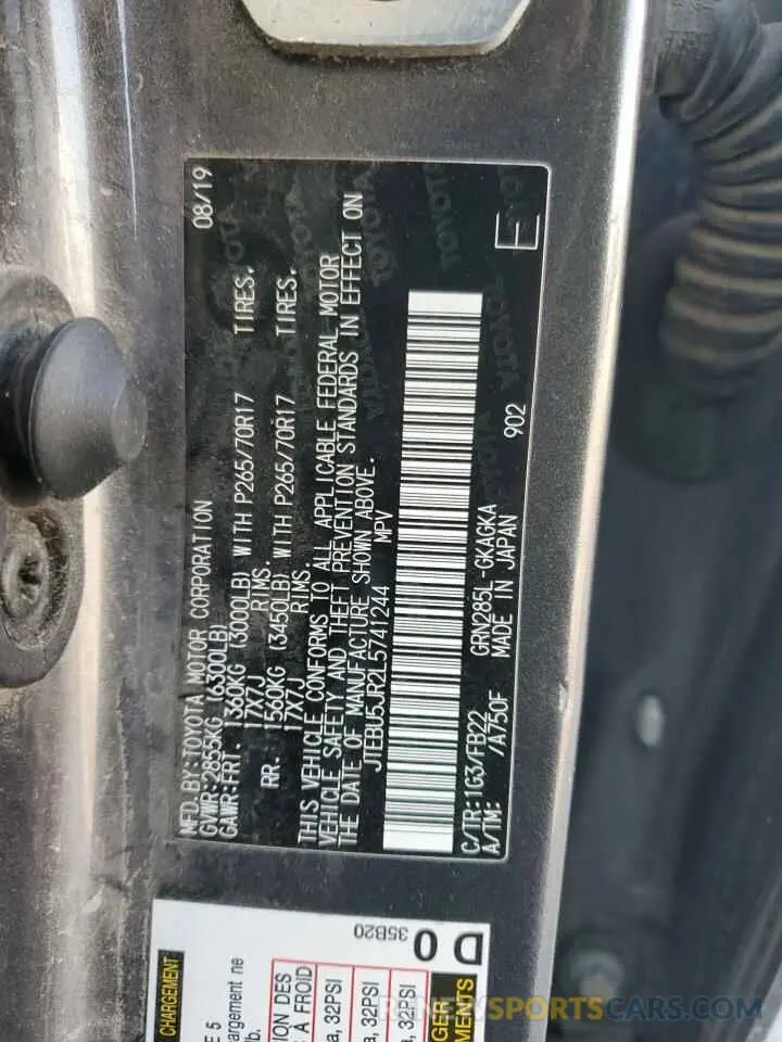 12 fotografías del automóvil dañado JTEBU5JR2L5741244 TOYOTA 4RUNNER 2020
