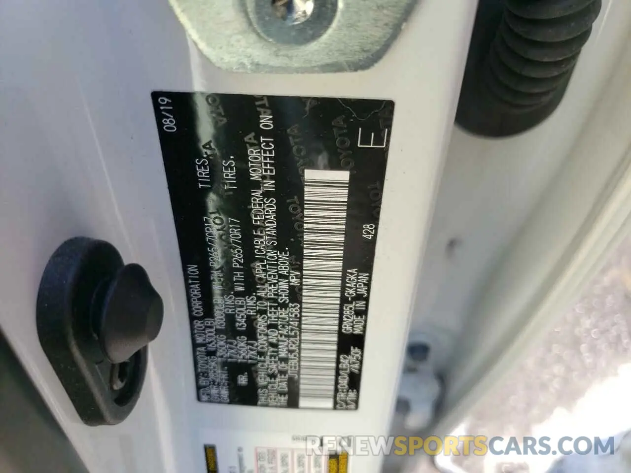 10 fotografías del automóvil dañado JTEBU5JR2L5741583 TOYOTA 4RUNNER 2020